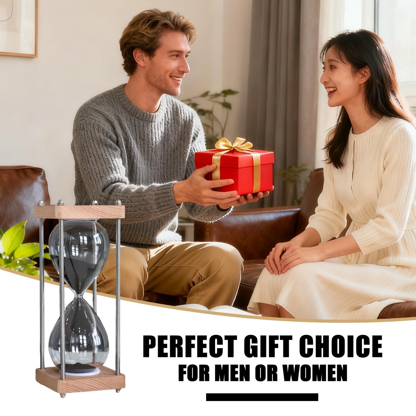 Large 60 Minute Hourglass, with Transparent Glass & Natural Oak Wood Base, Modern Minimalist Office Home Desktop Decor (Black)