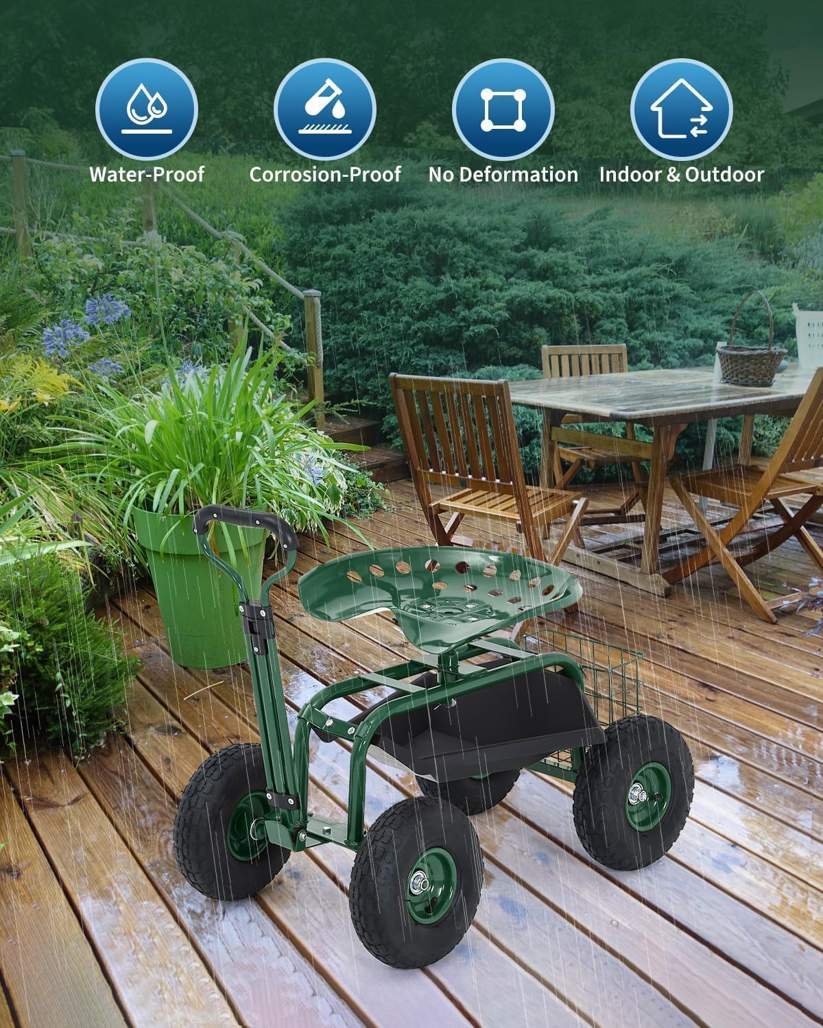 Heavy Duty Garden Cart, Garden Scooter Rolling Work Seat, 360° Swivel with 10-Inch All-Terrain Inflatable Tires, Extendable Steering Handle & Metal Tool Tray for Planting, Weeding, Yard Work