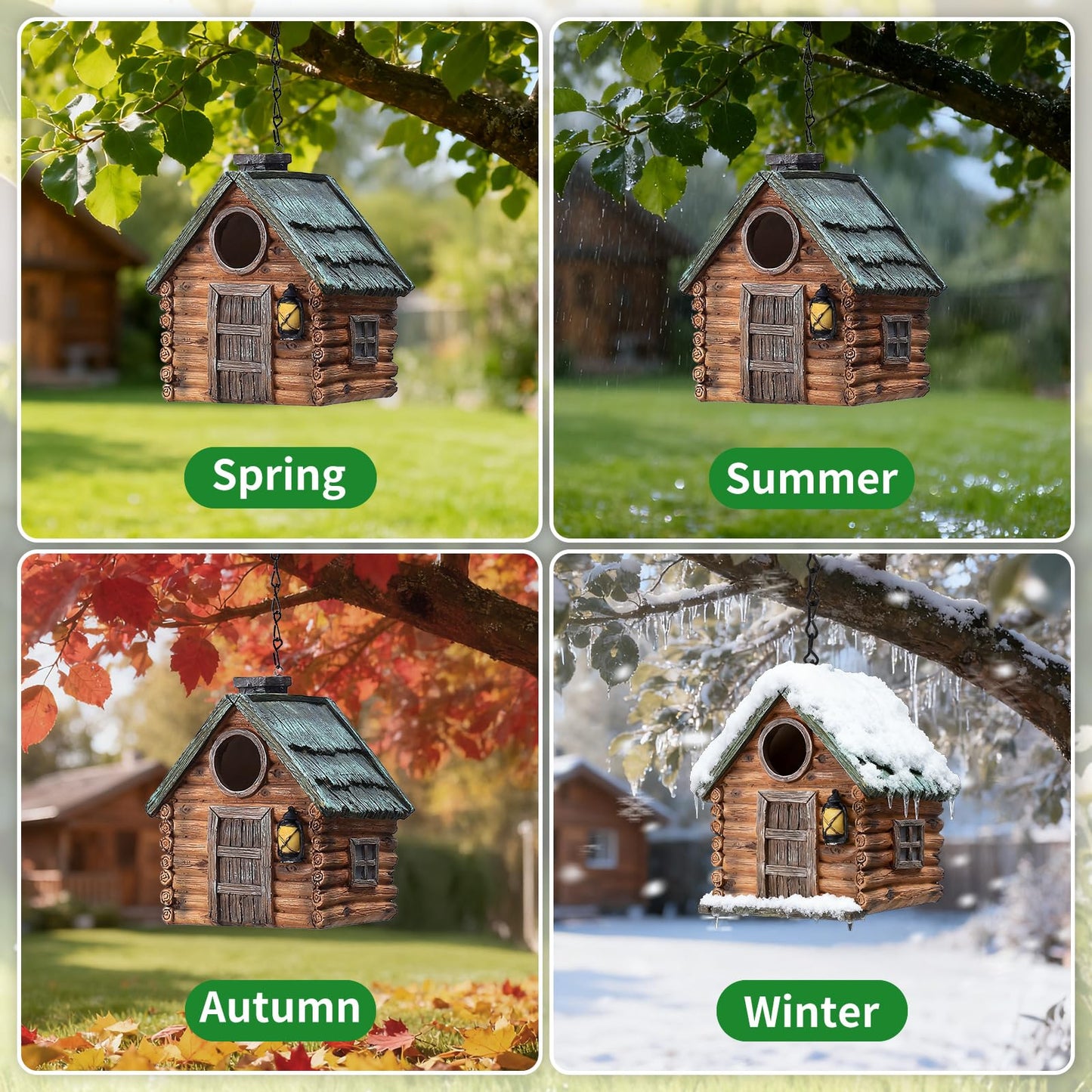 Bird Houses for Outside Real Wood-Look Resin Bird House with Hanging Chain – Waterproof & Durable Forest Birdhouses for Outdoors for Bluebird Finches Cardinals Bird Nesting Garden, Patio, Yard
