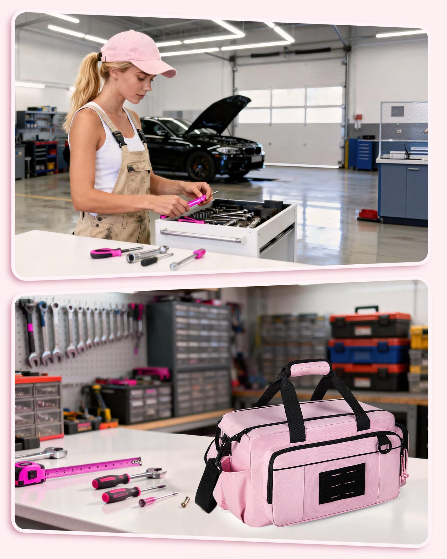 Trahzia Tactical Tool Bag for Women, 16 Inches Tool Storage Organizer Box with Wide Mouth, Large Toolbag Toolbox with Handle, Pink (Empty Bag Only)