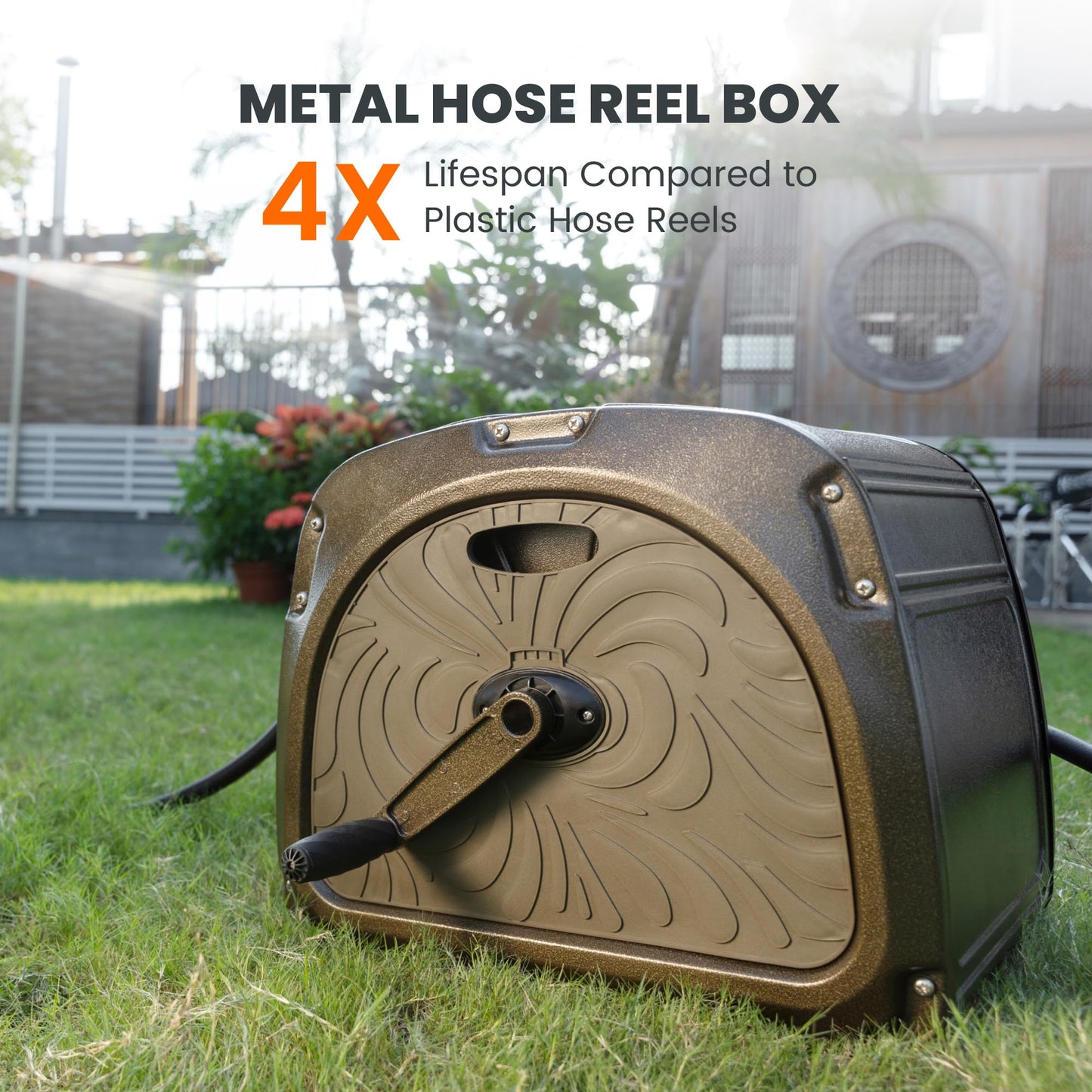Giraffe Tools SW5 Metal Hose Reel Box, Heavy Duty Garden Hose Storage Reel Hideaway, Crank Handle, 100ft 5/8" Hose, Green