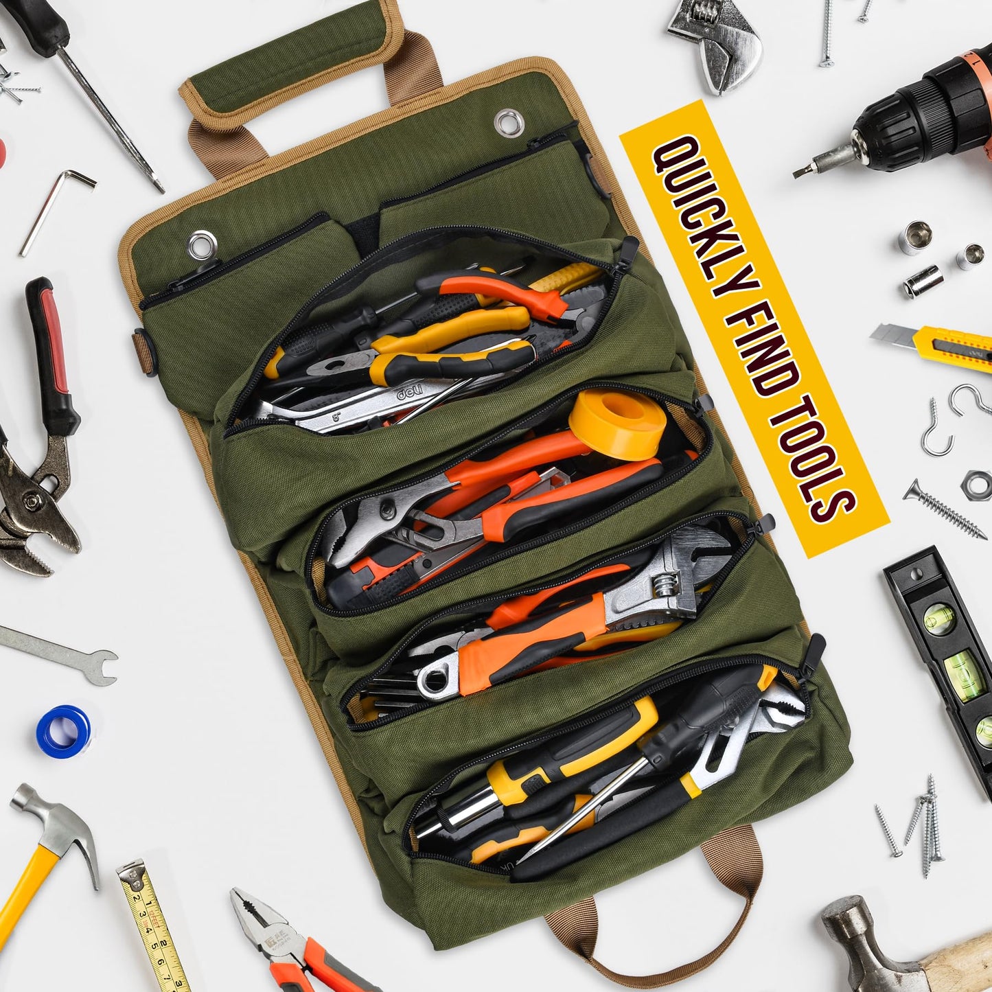 Tool Bag, Tool Bags for Men, Heavy Duty Tool Organizer, Portable Roll Up Tool Bag Gifts For Him, Mechanic, Electrician and Hobbyist, Car Tool Roll Organizer -Green