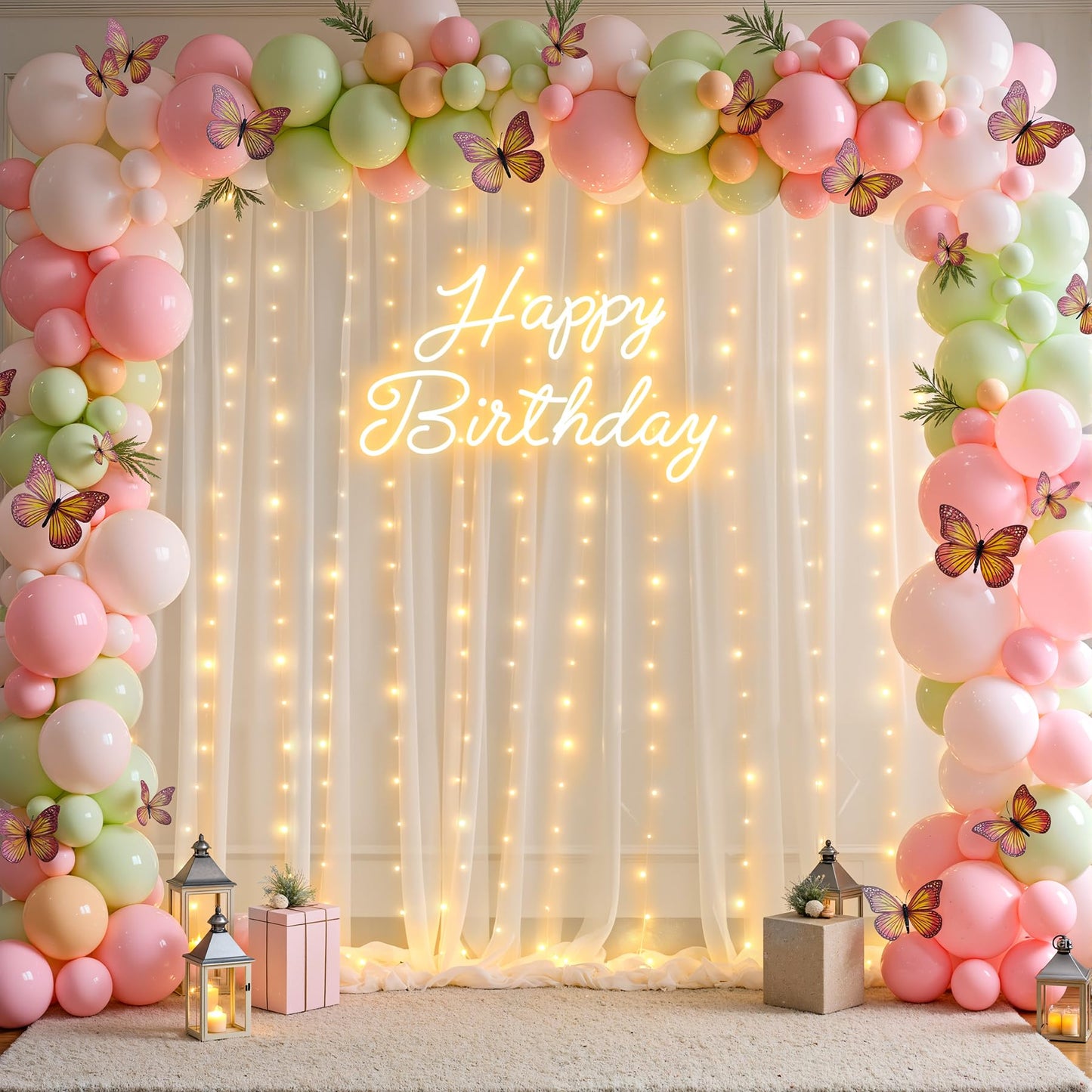 10x10ft Cream White Tulle Backdrop Curtains with Lights String for Parties,Wrinkle Free Sheer Curtain Wedding Photo Backdop Drapes for Baby Shower Birthday Party Photography Home Decorations