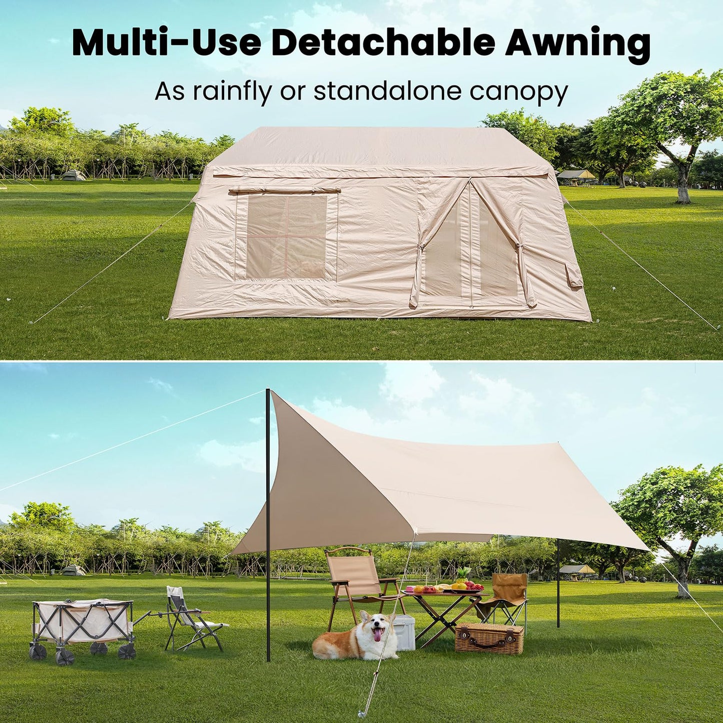 8-10 Person Large Inflatable Camping Tents with Canopy, Blow Up Tent House 2 Rooms, 4 Season Hot Tent with Stove Jack & AC Ports, Glamping Camping Tents for Outdoors, Easy Setup with Air Pump