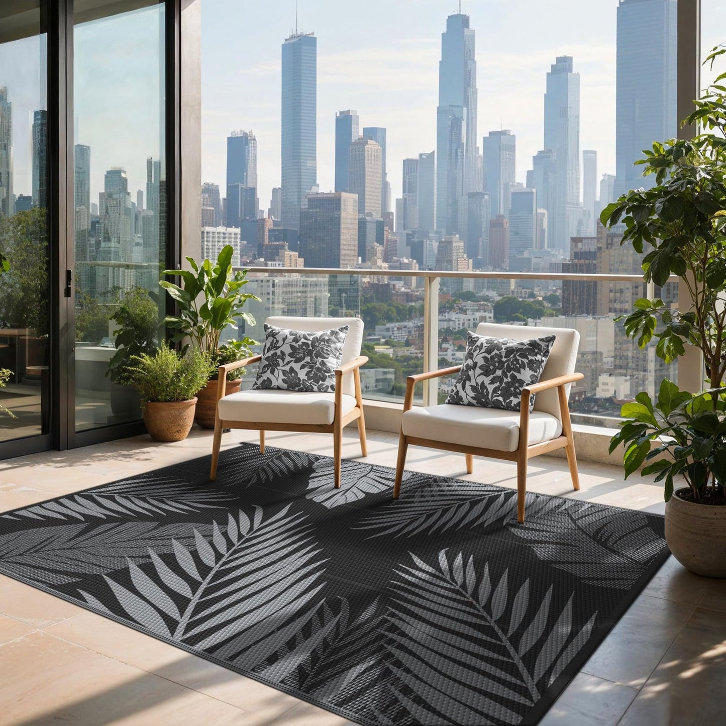 sarben Outdoor Rug 8’x10’ Waterproof for Patio Clearance, Reversible Indoor Outdoor Plastic Straw Camping Rug Carpet, RV Mat, Large Area Rug for Deck, Backyard, Balcony, Porch, Beach, Black & Grey