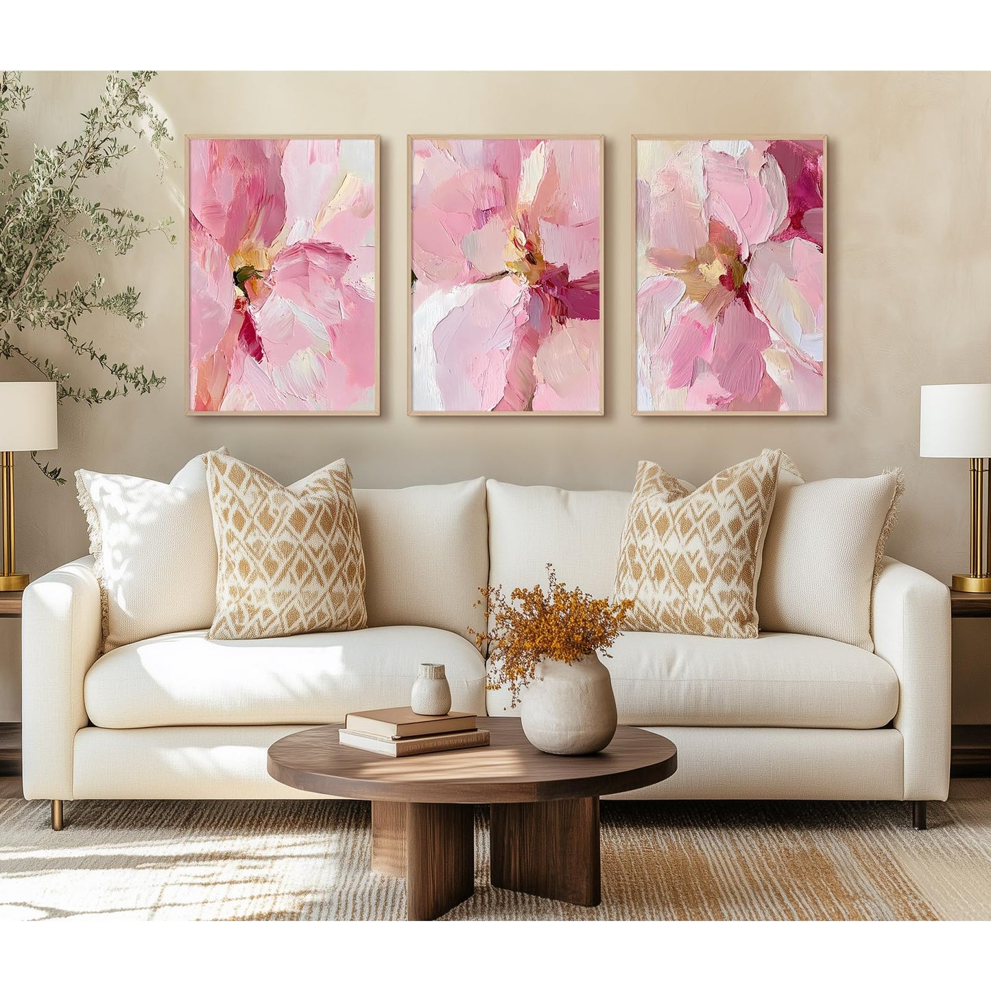 Abstract Floral Wall Art Pink Flower Canvas Pictures Modern Wall Decor Blush Pastel Pink Prints Peony Painting Minimalist Poster Botanical Artwork for Bedroom Living Room 12x16 Inch Unframed set of 3