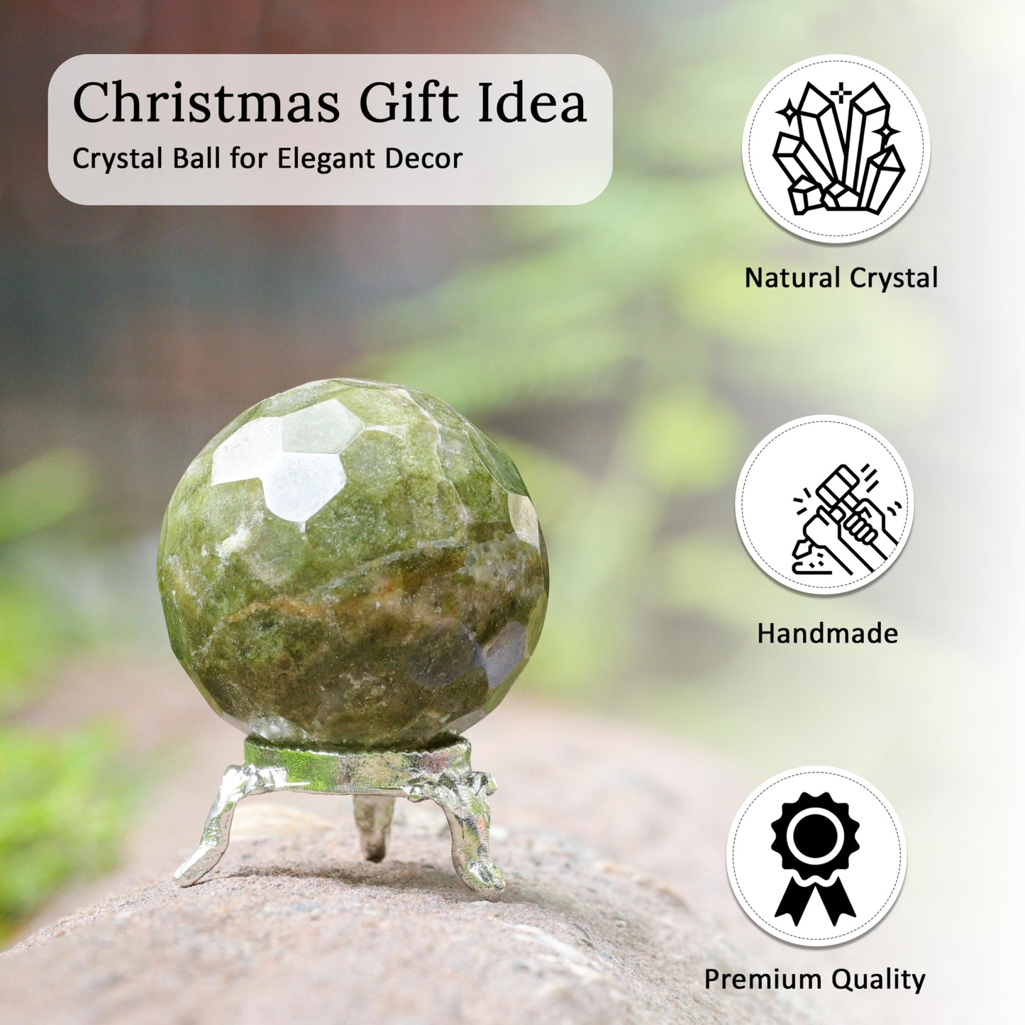 Crocon 50mm Vesuvianite diamond cut Stone sphere Ball with Metal Stand 1400+ Carats Gemstone Ball Healing ornament rock Sphere Sculpture Figurine for Fengshui Divination Crystal Home Decor Photography