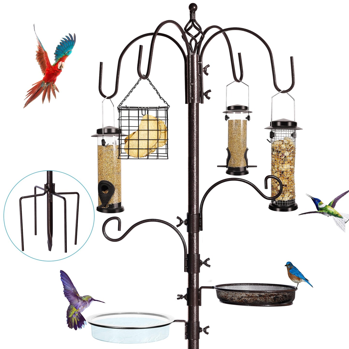 YINGYM 6-Hook Bird Feeding Station Kit, Wild Bird Feeder Stand Pole, Multi-Feeder Kit Stand with 4 Feeders, Bird Bath and Mesh Tray, 94 Inch