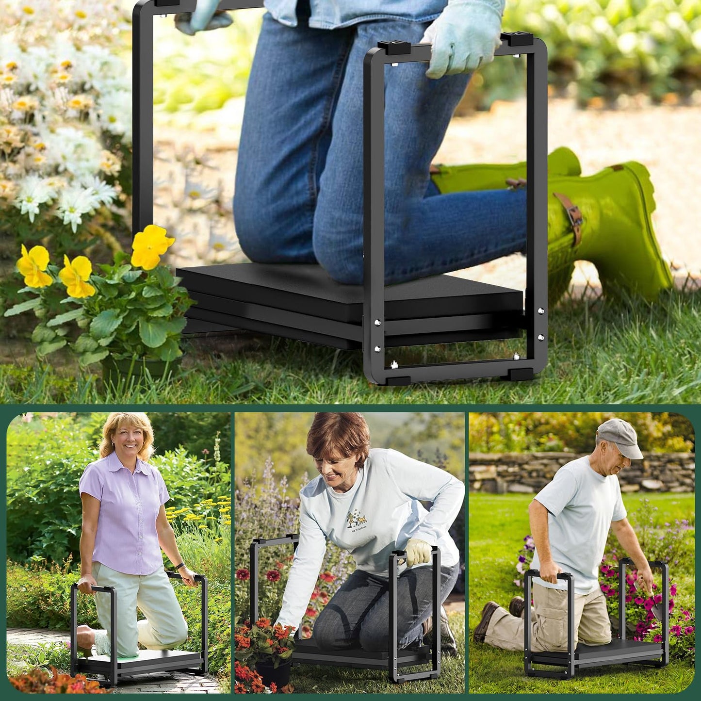 FLINTER Wider Garden Kneeler and Seat, Heavy Duty Thick Gardening Bench for Kneeling and Seat - Garden Kneelers for Seniors, Gardening Stools for Women, Grandparents, Gardeners, Black