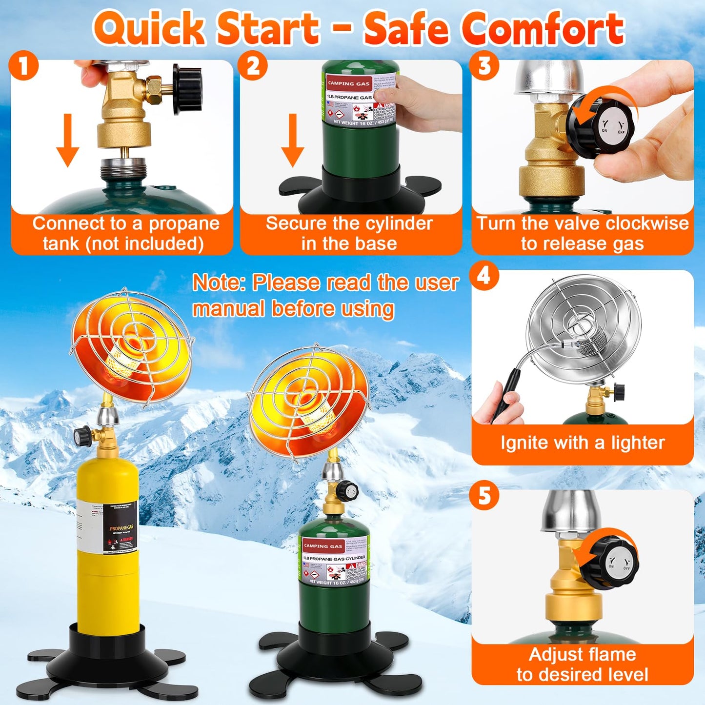 Portable Propane Heater for Camping, Outdoor Small Space Patio Heater with Control Valve, Radiant Cordless Tent Heaters with Foldable Gas Tank Holder for Hiking Ice Fishing Hunting Backyard