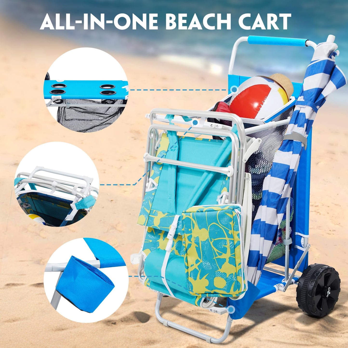 2-in-1 Beach Cart with Big Wheels for Sand, Folding Utility Wagon with Chair Holder, Mesh Storage, 4 Cup Holders, Umbrella Rack, Supports 100 lbs, Compact & Portable for Beach, Camping, Shopping, Blue