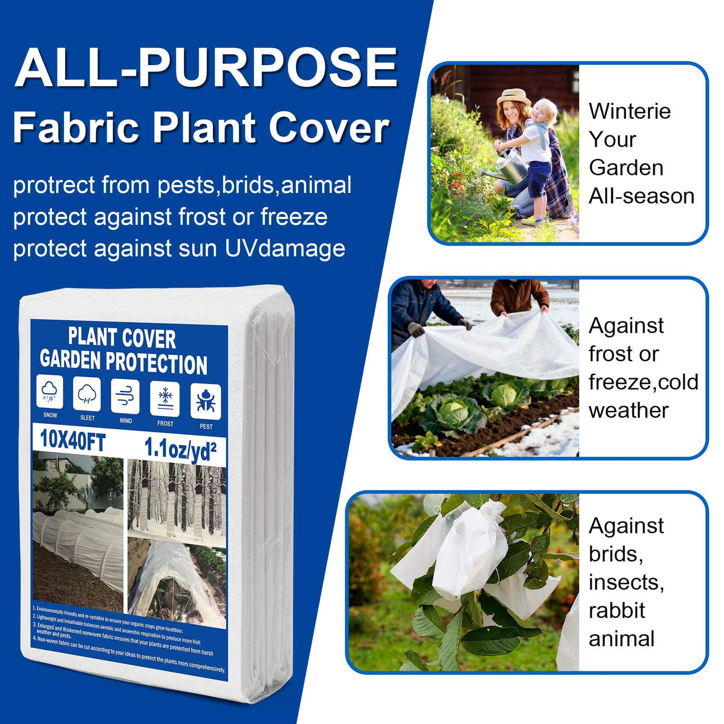 eisoco Plant Covers Freeze Protection, 10 * 40FT 1.1 oz/yd² Large Thick Frost Blankets for Outdoor Plants in Winter, Floating Row Cover for Vegetable Garden, Frost Cloth Plant Freeze Protection