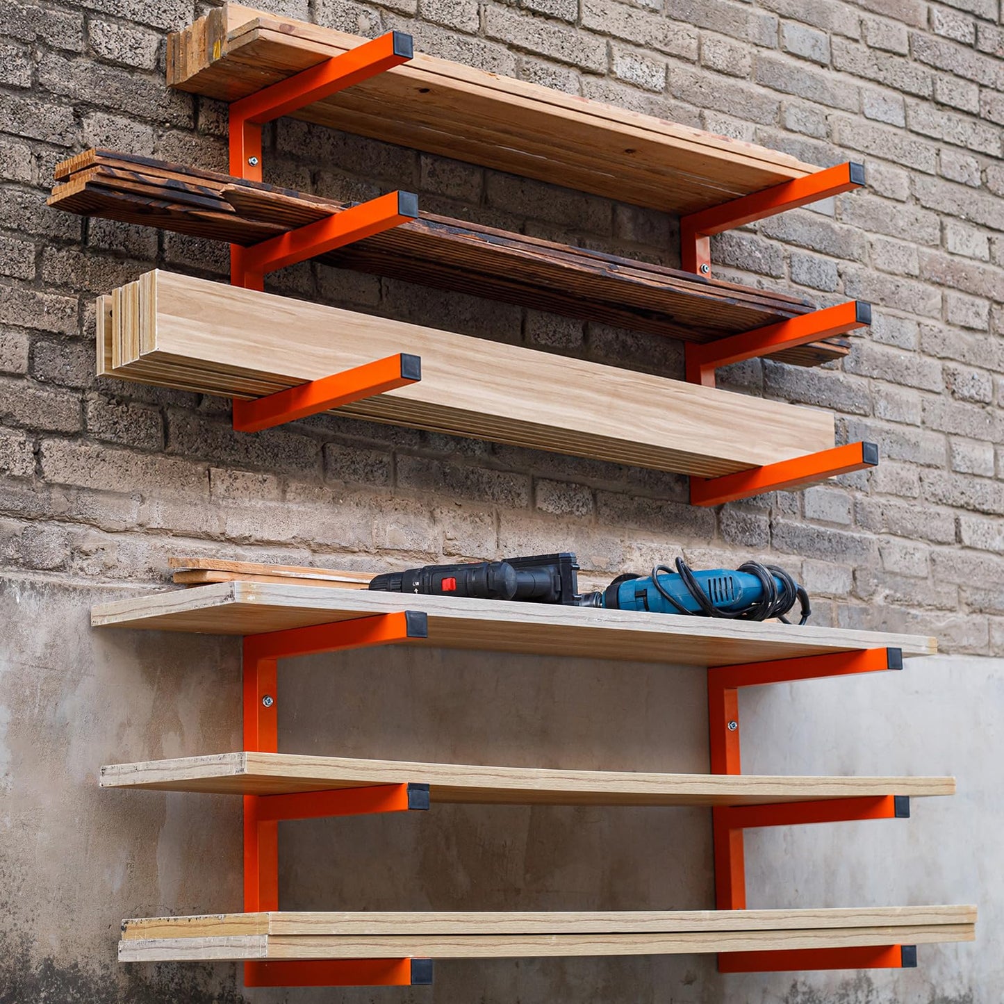 MOOMSINE Lumber Storage Rack Wall Mounted, 6-Level Holds Up 1200 Lbs Heavy Duty Wood Organizer, Metal Shelf for Shed, Workshop, Garage - 4pack, Orange