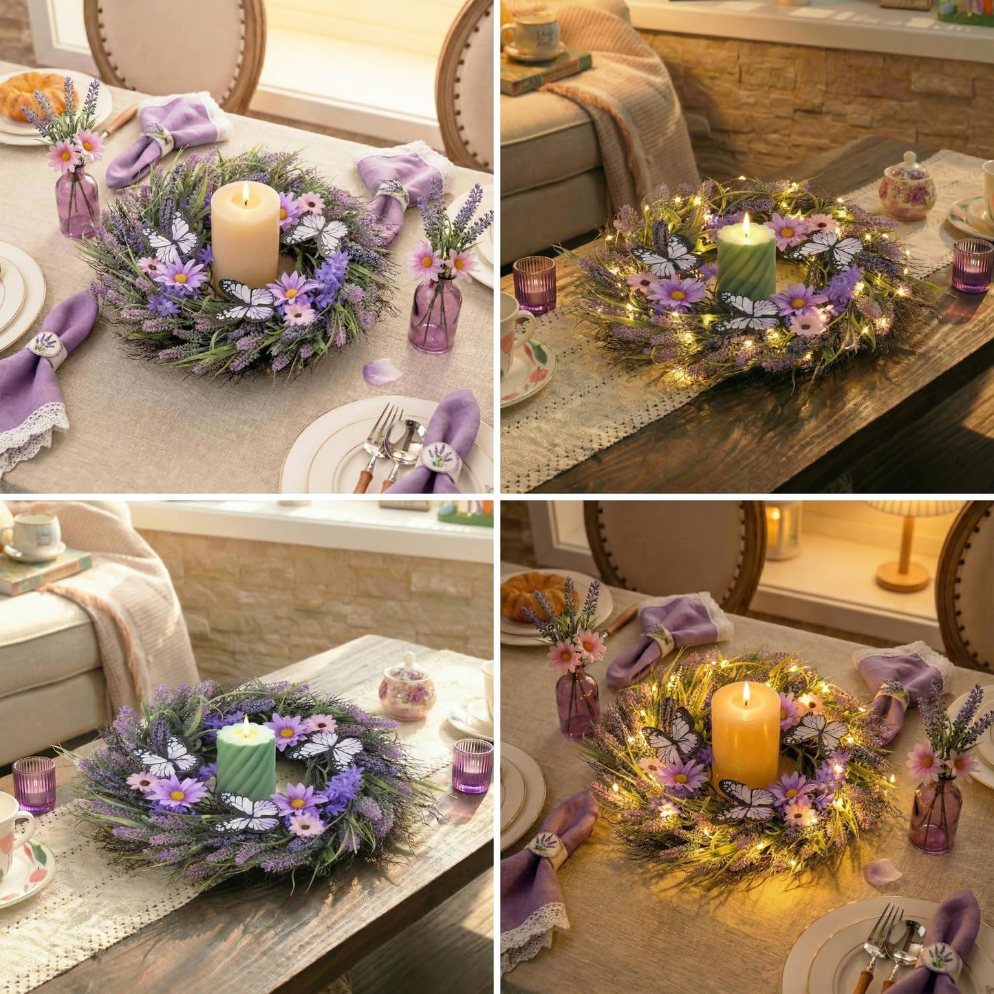 Valery Madelyn Spring Lavender Wreaths for Front Door, Artificial Floral Summer Wreath with Lights Purple Bellflower Berries Butterfly for Home Outside Wedding Porch Window Arch Decor-24''