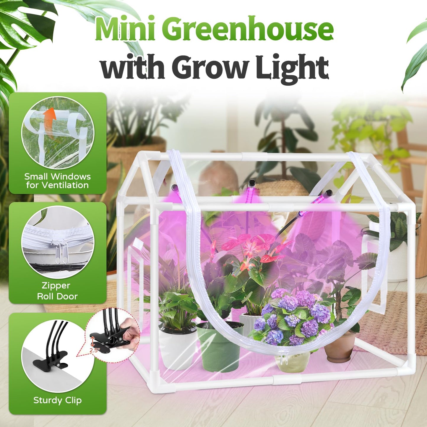 Vercome Indoor Mini Greenhouse with Grow Light, Tabletop Small Greenhouse for Beginners, All-in-One Tiny Plant Nursery Kit with Adjustable LED Light & Timer, Smart Grow Tent for Herbs, Gardening Gift