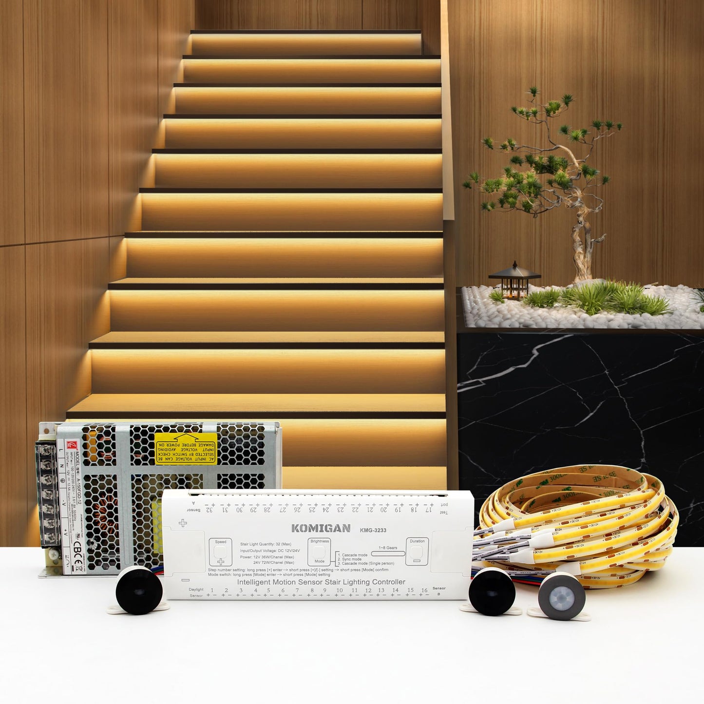 KOMIGAN Intelligent Motion Triggered LED Stair Lighting Kit KMG-3233, 40" Cuttable LED Strip Light for Indoor LED Stair Lights (Warm White 3000K,16 Stairs)