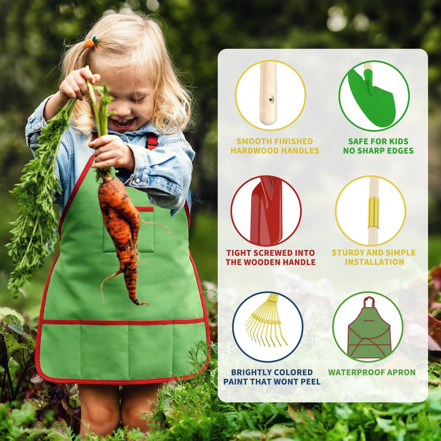 Qtioucp Kids Gardening Wheelbarrow Set, Metal & Wooden Garden Tools for Kids Ages 3-8, Real Wheelbarrows with Apron, Gloves & STEM Guide, Outdoor Backyard Garden Toy Gift (Wheelbarrow Garden Set)