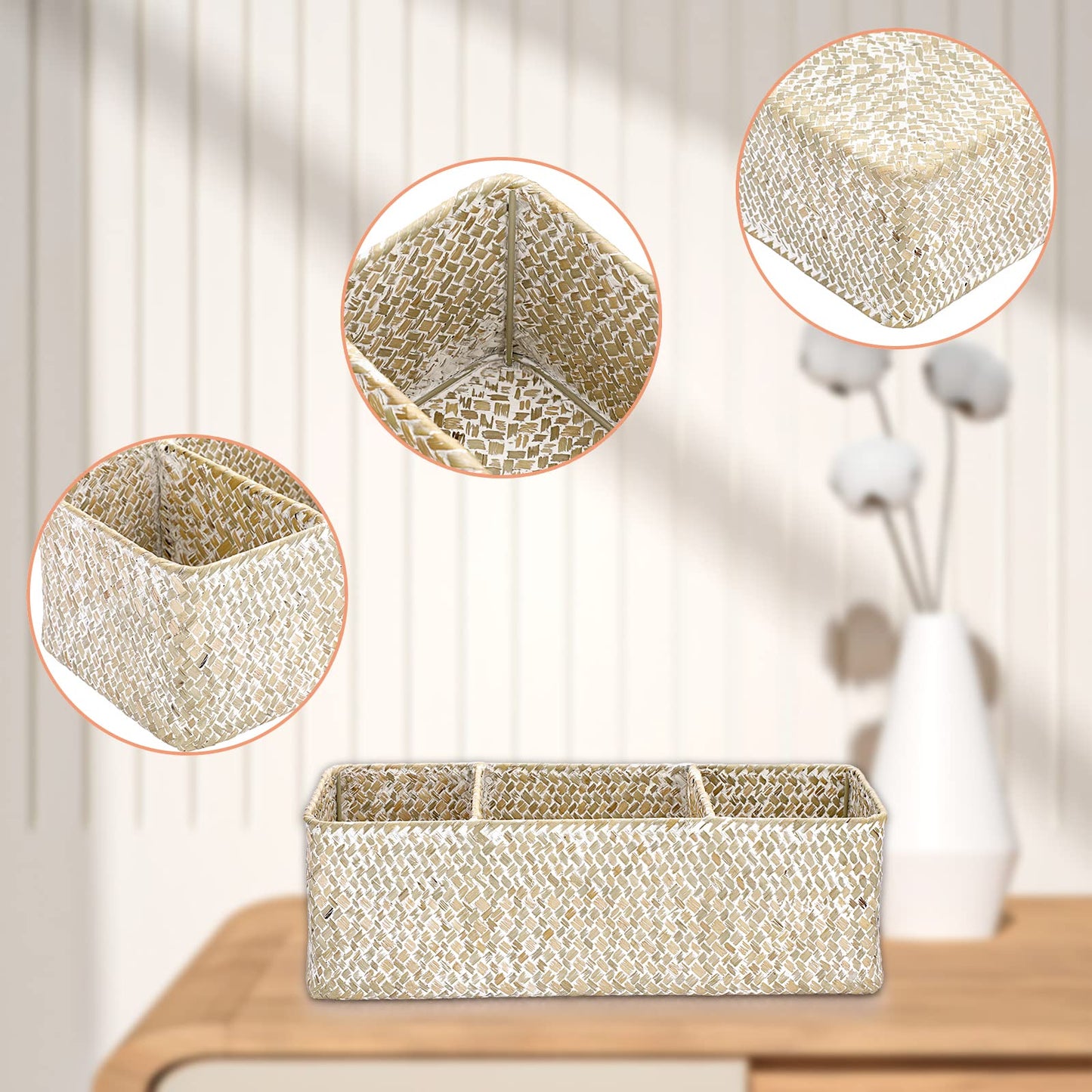 Hipiwe Seagrass Storage Basket Bin- 3 Sections Hand-Woven Toilet Basket Wicker Shelf Basket Bathroom Organizer Bins for Shelves, Kitchen, Pantry, Closets, Toilet Paper Tissue Organizer