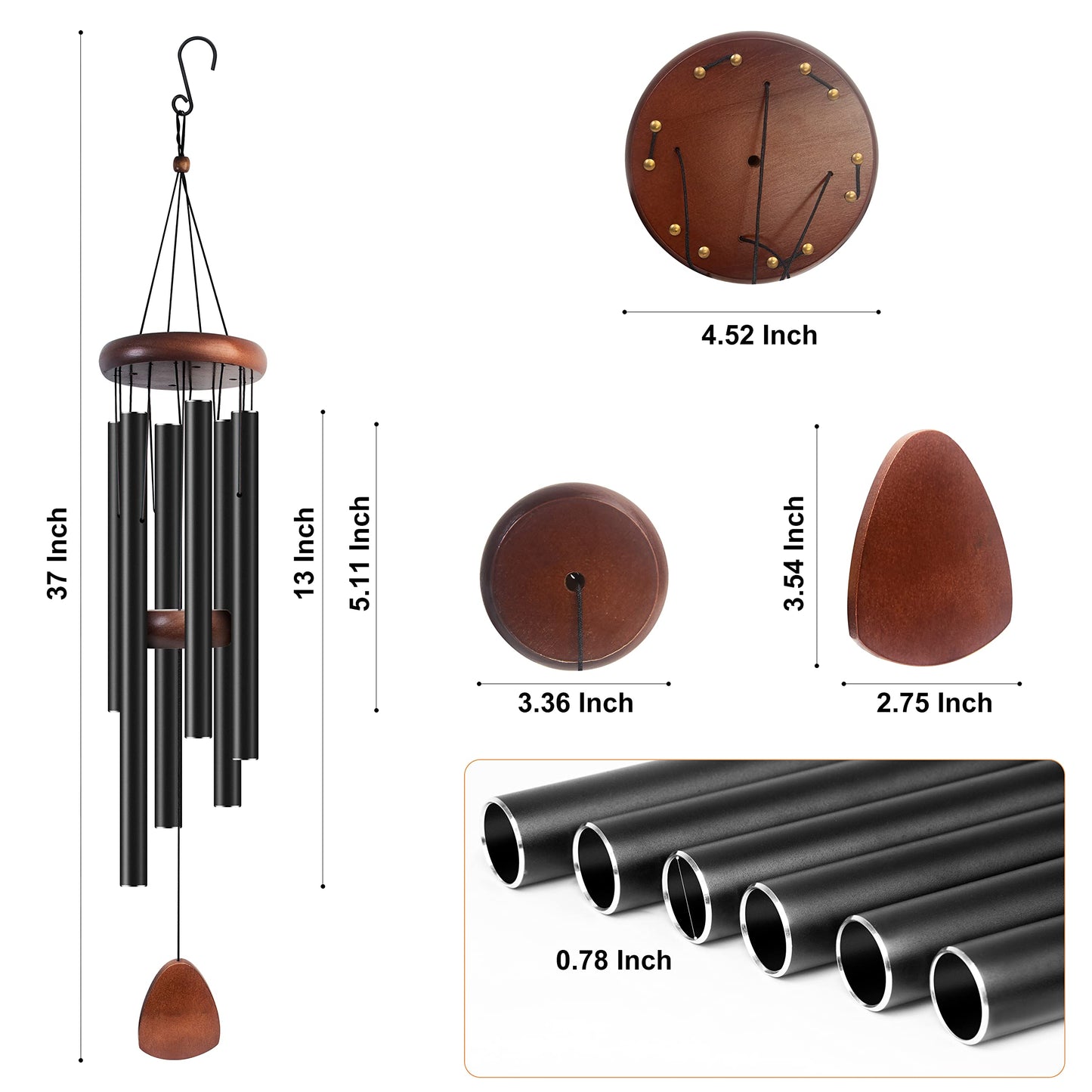 Bursvik Large Aluminium Wind Chimes 37" to Create a Zen Atmosphere Suitable for Outdoor, Garden, Patio Decoration. Classic Black Wind Chime with Wind Catcher Suitable as A Gift for Mom Neighbor Unisex