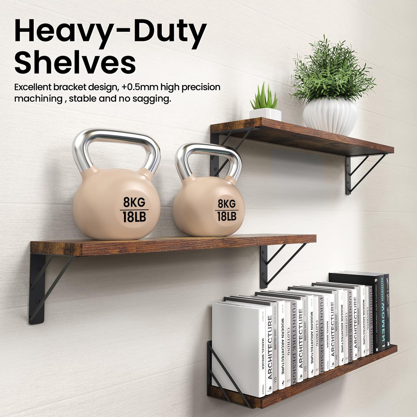 BAYKA 23-in Floating Wall Shelves, Rustic Wood Wall Shelves for Bedroom, Bathroom, Kitchen & Living Room, Display Shelf for Books, Plants & Decor (Rustic Brown)
