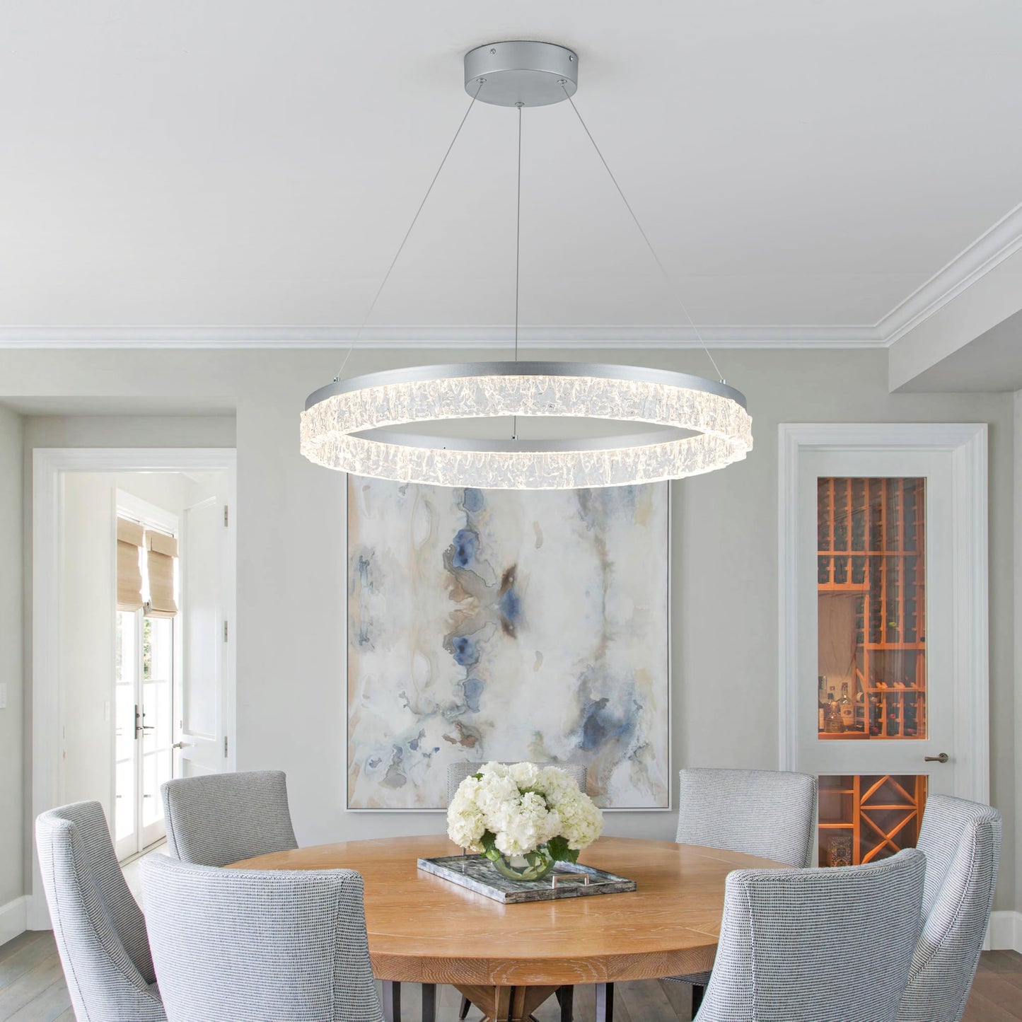 MADEM Modern Silver Led Pendant Light,36W Dimmable LED Chandelier Lighting Fixture, 1 Ring Circular Hanging Led Pendant Lighting for Living Room Dining Room Kitchen Island Foyer Office