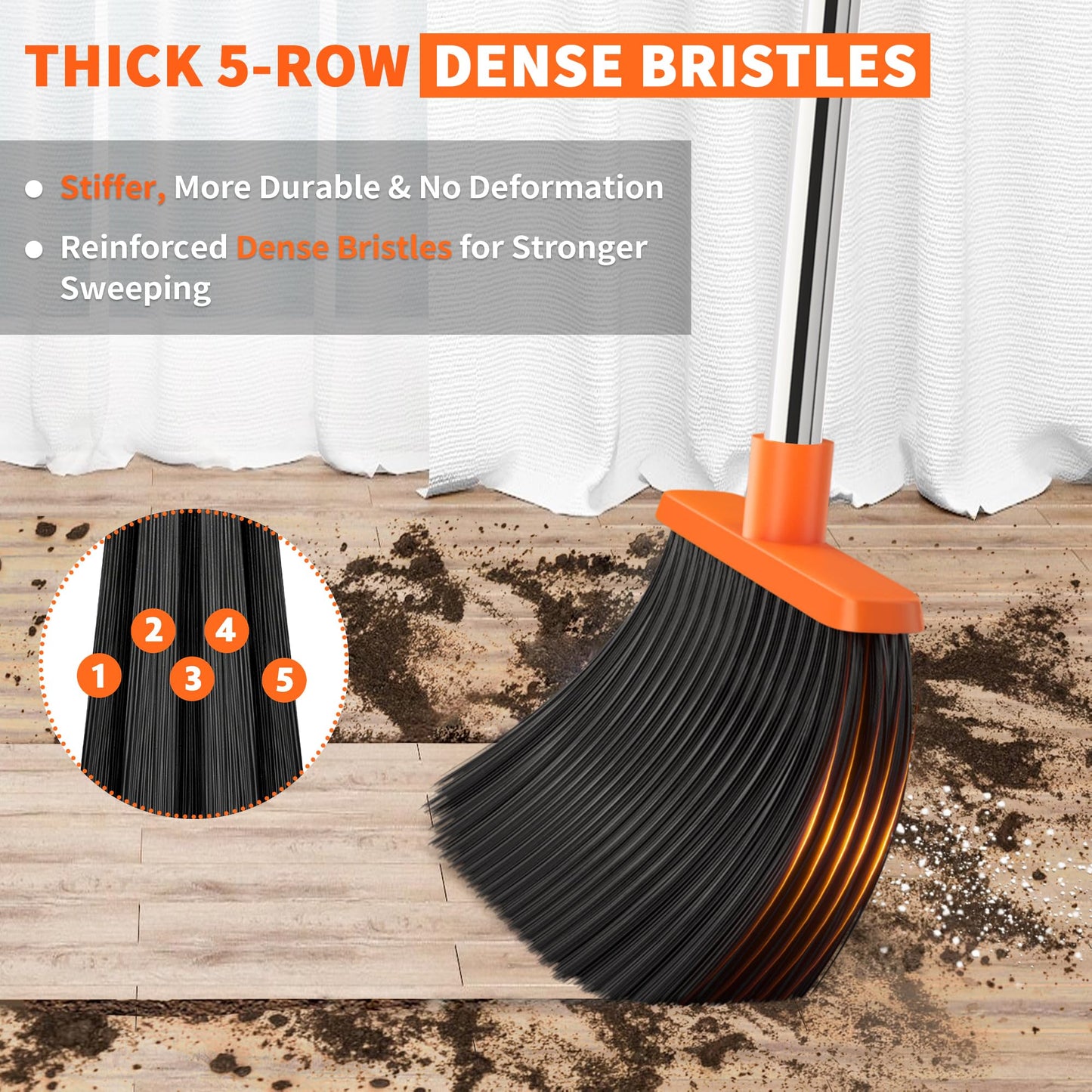Upgraded Broom and Dustpan Set, 52" Long Handle Standing Combo with Self-Cleaning Teeth – Perfect for Pet Hair, Kitchen, Office, Home, Indoor & Outdoor Cleaning(Orange & Gray)