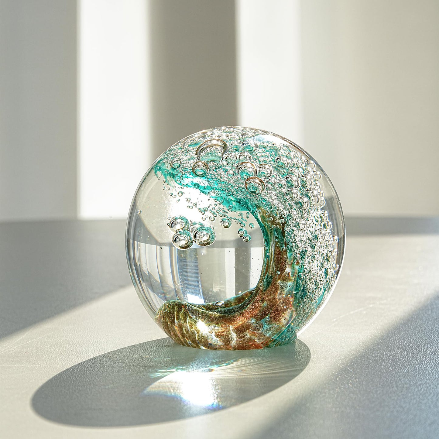 Hand Blown Glass Ocean Wave Ball, 2.3" Blue Sea Wave Crystal Figurine Paperweight, Decorative Glass Sphere Ornament for Home Office, Nautical Decor Collectible, Birthday Gift for Ocean Lovers