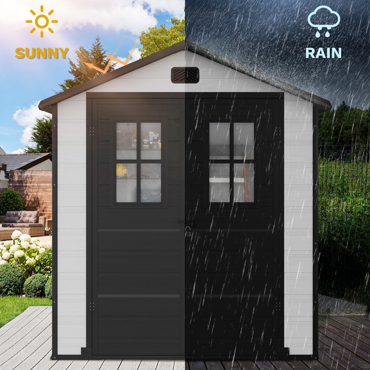DWVO 6x4.4 FT Outdoor Storage Shed, Plastic Garden Tool Shed with 2 Windows, Double-Wall Outside Shed for Lawn Mower, Garden Tool for Backyard, Patio, Lawn