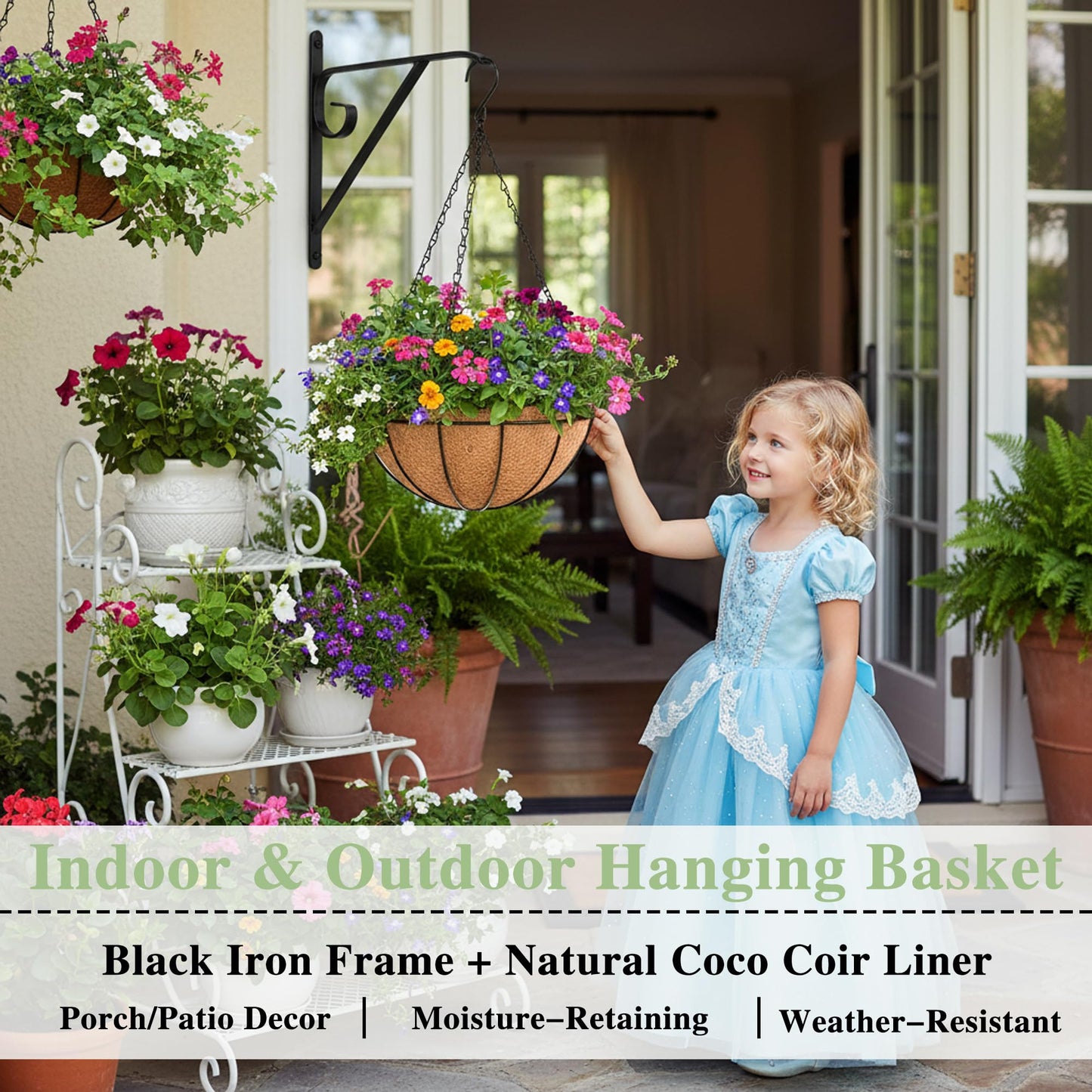 EIMQUVW Outdoor Metal Hanging Planters Basket (4pack, 12 inch) Hanging Baskets for Plants Chain Round Wire Plant Holder with Coco Fiber Liners for Garden, Patio, Deck, Porch