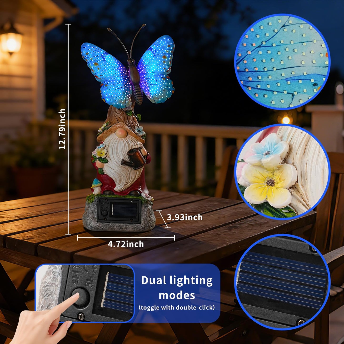 WSgift Garden Gnome Statues Solar-Powered Butterfly Resin Figurine Waterproof Outdoor Decor Mother's Day Blue
