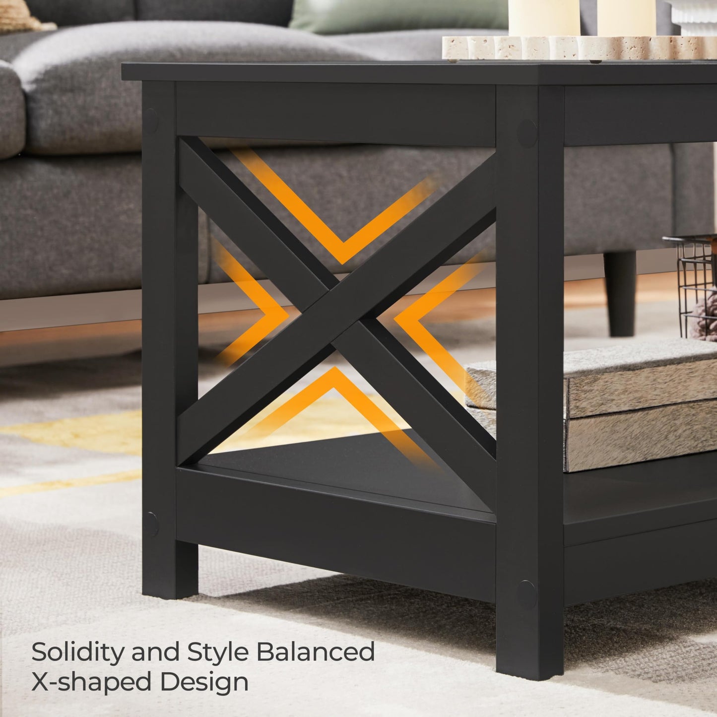 Yaheetech Wood 2-Tier Black Coffee Table with Storage Shelf for Living Room, X Design Accent Cocktail Table, Easy Assembly Home Furniture, 39.5 x 20 x 18 Inches