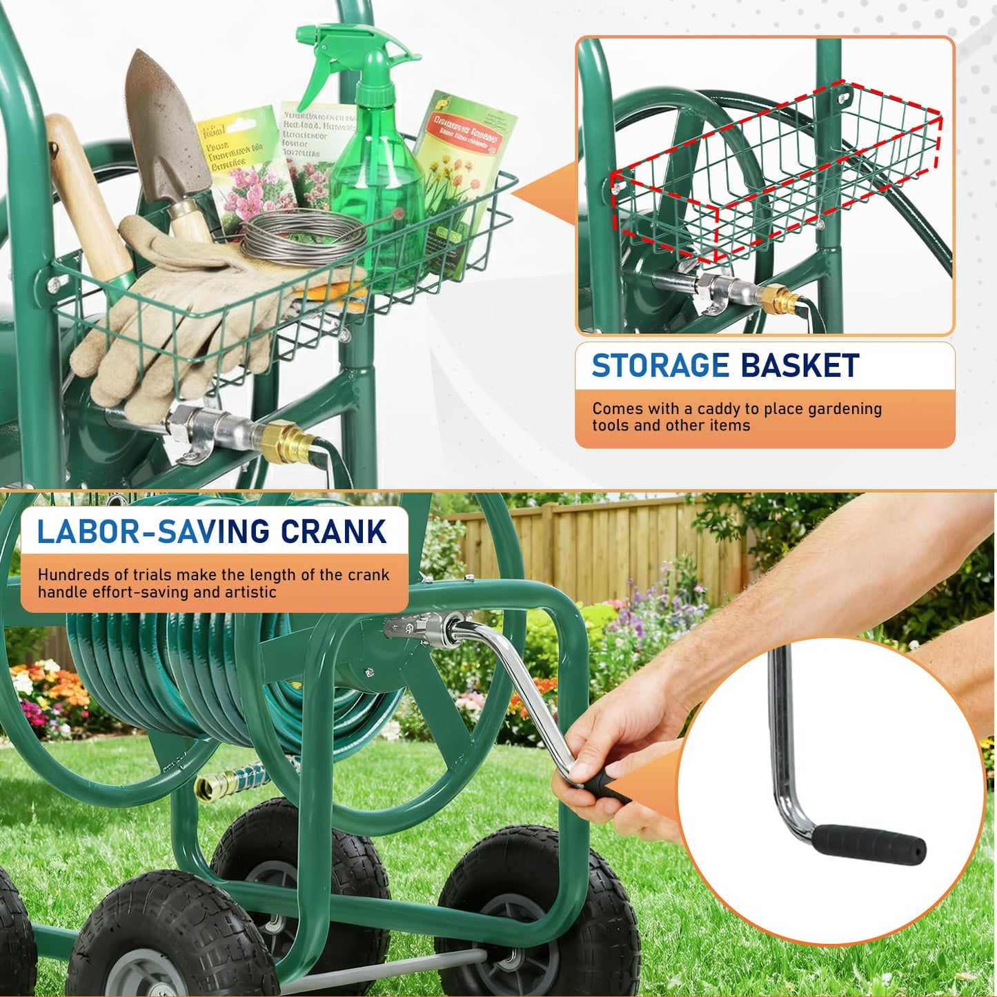 FDW Garden Hose Reel Cart, Water Hose Cart with 4 Wheels, Hold Up to 300 ft of 5/8’’ Hose，Heavy Duty Powder-Coated Steel Planting with Storage Basket, for Garden, Yard and Lawn
