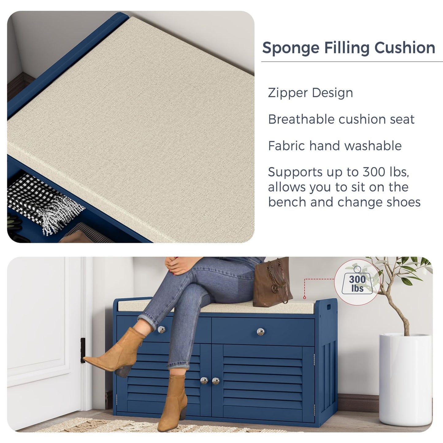 WARMHONIU Shoe Storage Bench with 2 Drawers, Entryway Bench with Cushion, Adjustable Shelves, Shoe Rack Bench with Louvered Doors for Entryway, Bedroom, Hallway, Blue
