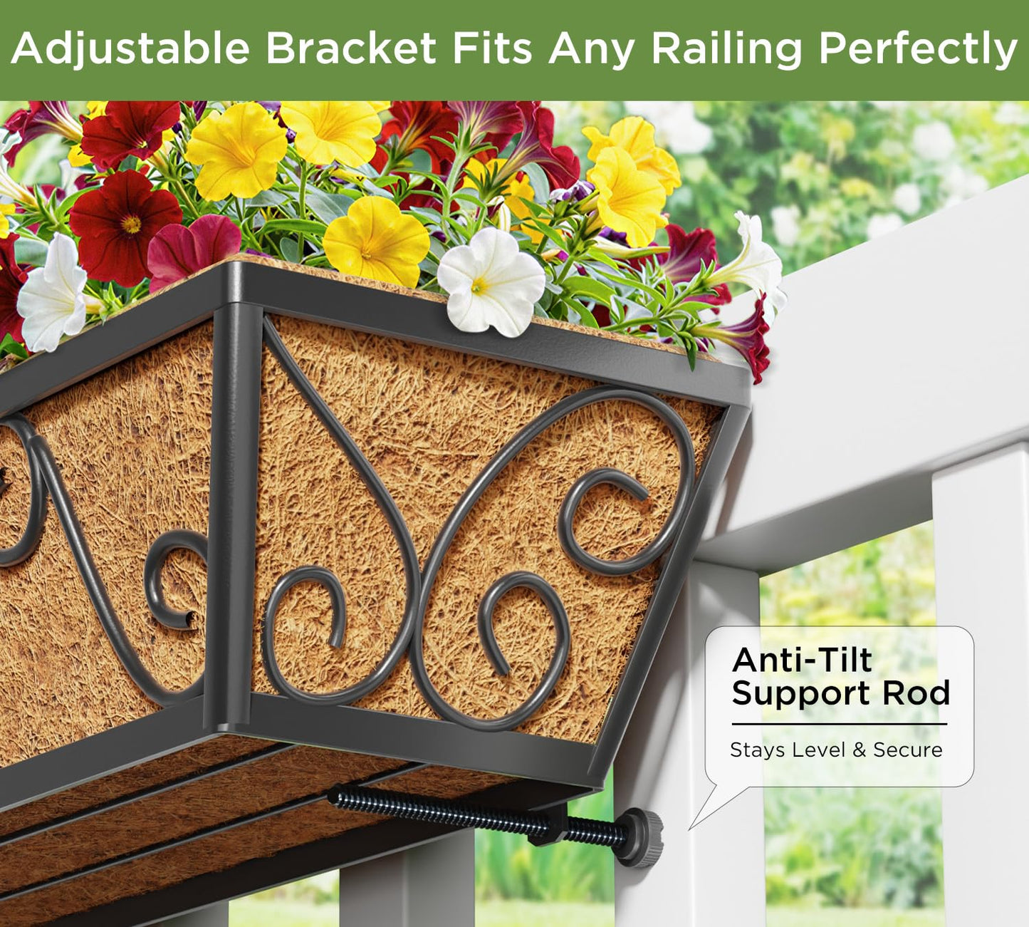 LAWYAMAI 2PCS 30 Inch Railing Planter with Adjustable Brackets, Window Box with Coco Liner, Hanging Flower Box for Balcony Deck Fence, Metal, Black