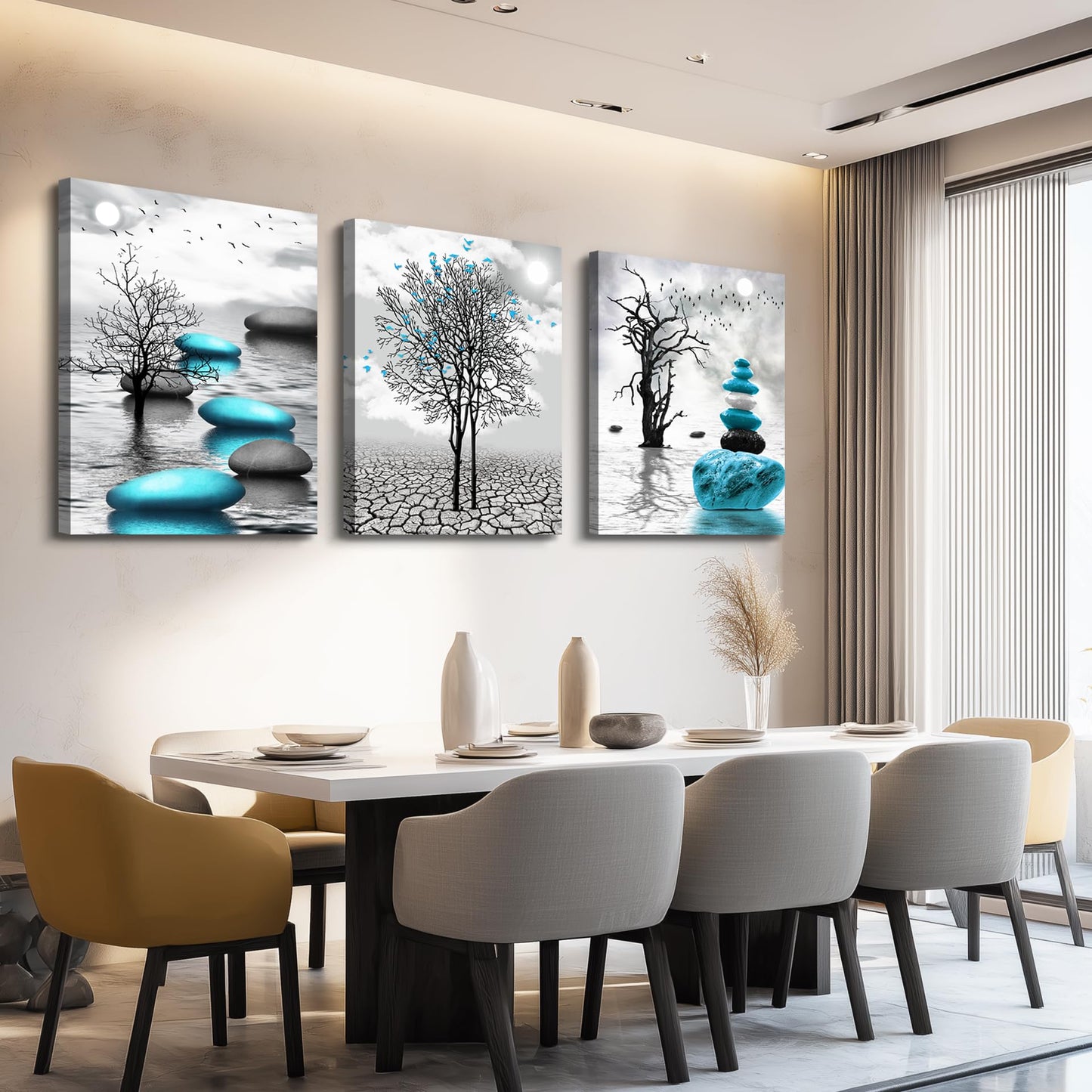DZRWUBHS Abstract Wall Art for Living Room，3 Piece Modern Canvas Artworks Stones in The Water Zen Wall Decor Minimalist Meditation Picture Painting Prints for Bedroom Bathroom Hallway Home Office