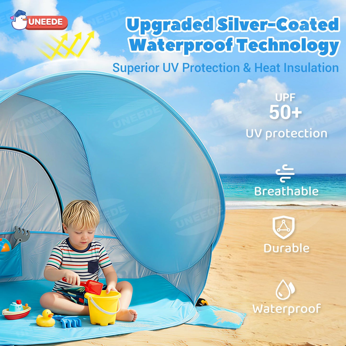 Baby Beach Tent Extra Large Pop Up Baby Tent with UV Protection - Spacious Family Sun Shelter for Parent & Child, Portable Beach Essentials (Blue, 53.1" x 36.6" x 37.4")