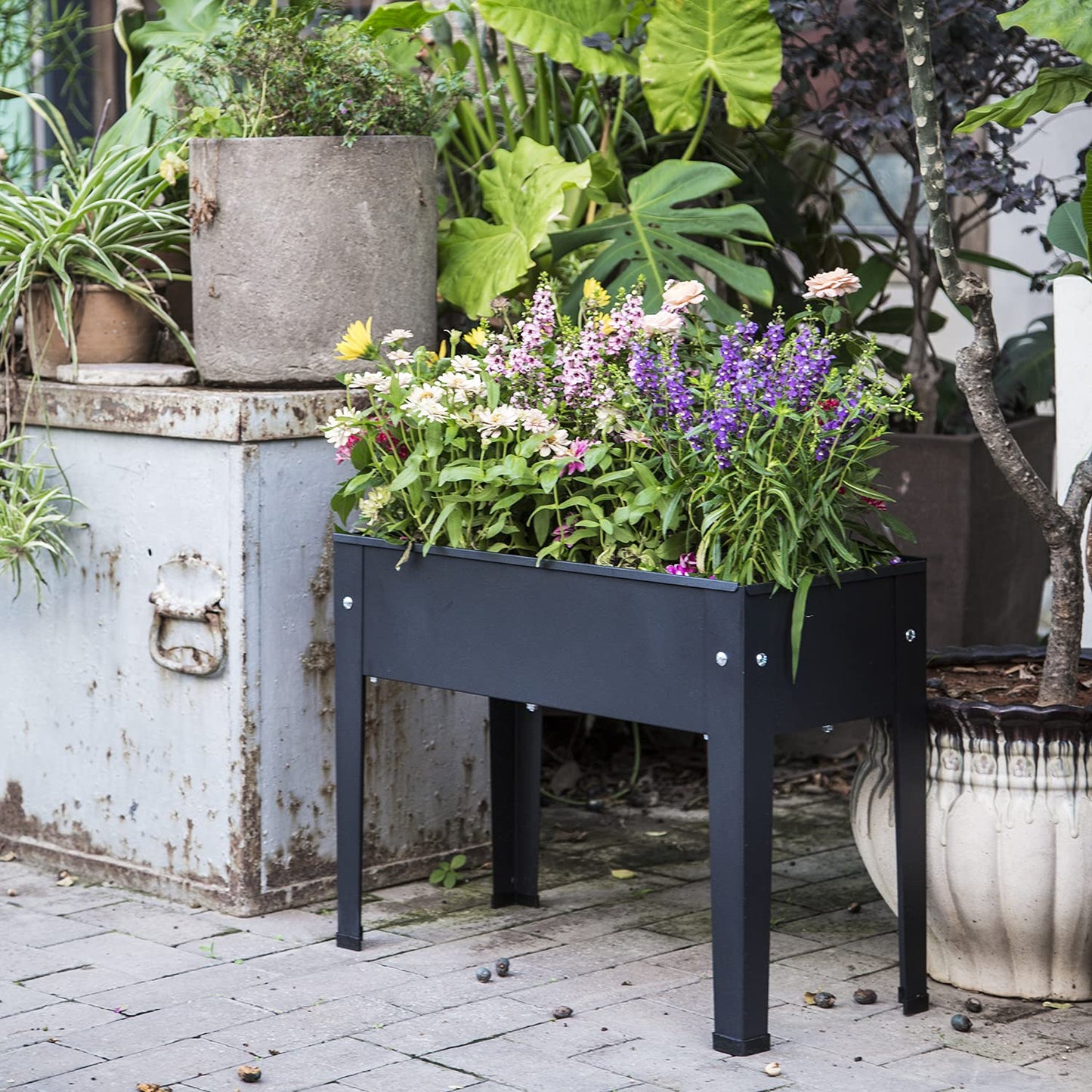 VEOAY Piksedo Raised Garden Bed, Elevated Planter Metal Plant Box with Legs Standing Garden Stand Drainage Holes Frosted Black