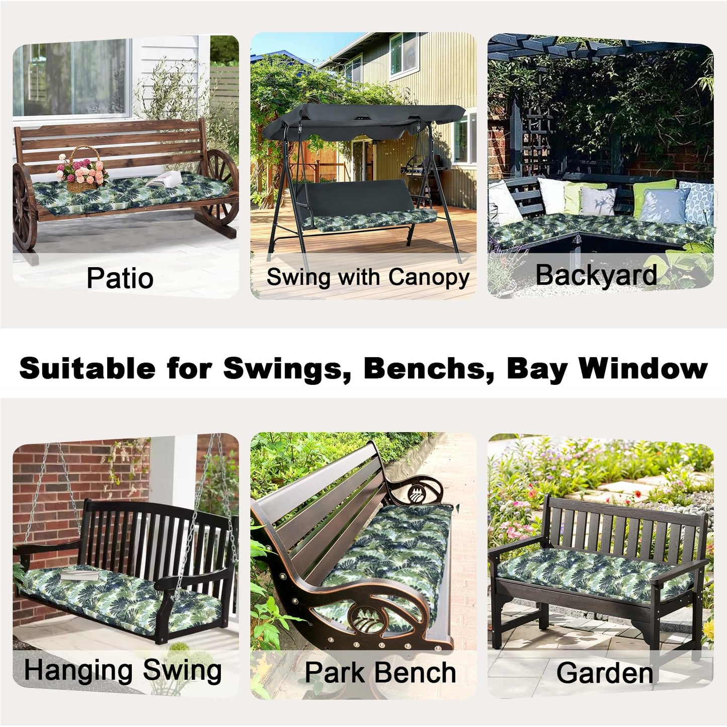 LCKJZYL Porch Swing Cushion 2-3 Seater Replacement, 60*20*4in Waterproof & Fade-Resistant Outdoor Bench Seat Cushion with Strips, Versatile Swing Pads for Camping, Beach, Garden, Patio, Balcony (Palm)