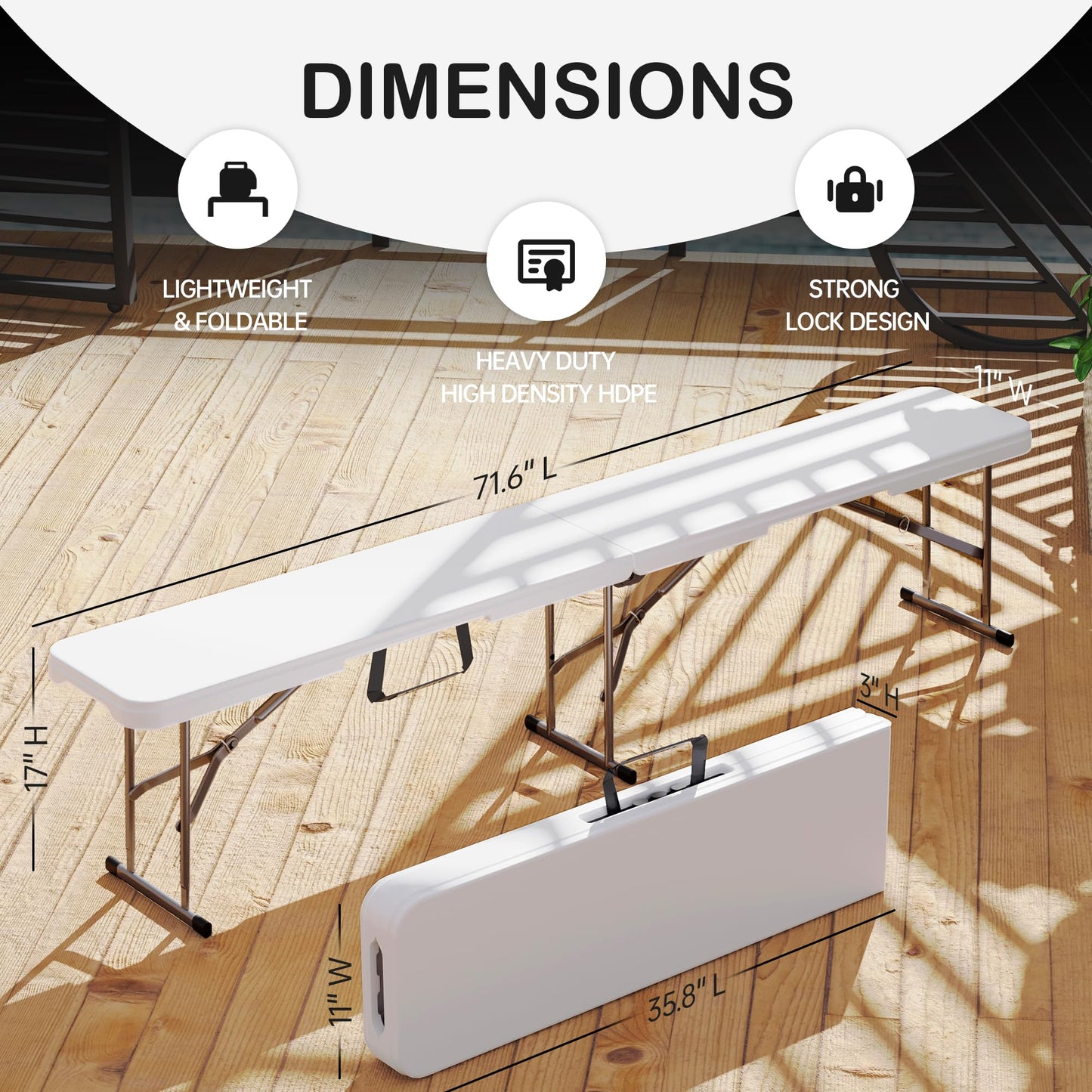 VSOAEIL 6 Foot Folding Bench, Portable Plastic Folding Bench Seat, Foldable Seat for Indoor Outdoor Picnic Camping Dining, Soccer Garden Multipurpose Entertaining Activities, White, 2 Pack