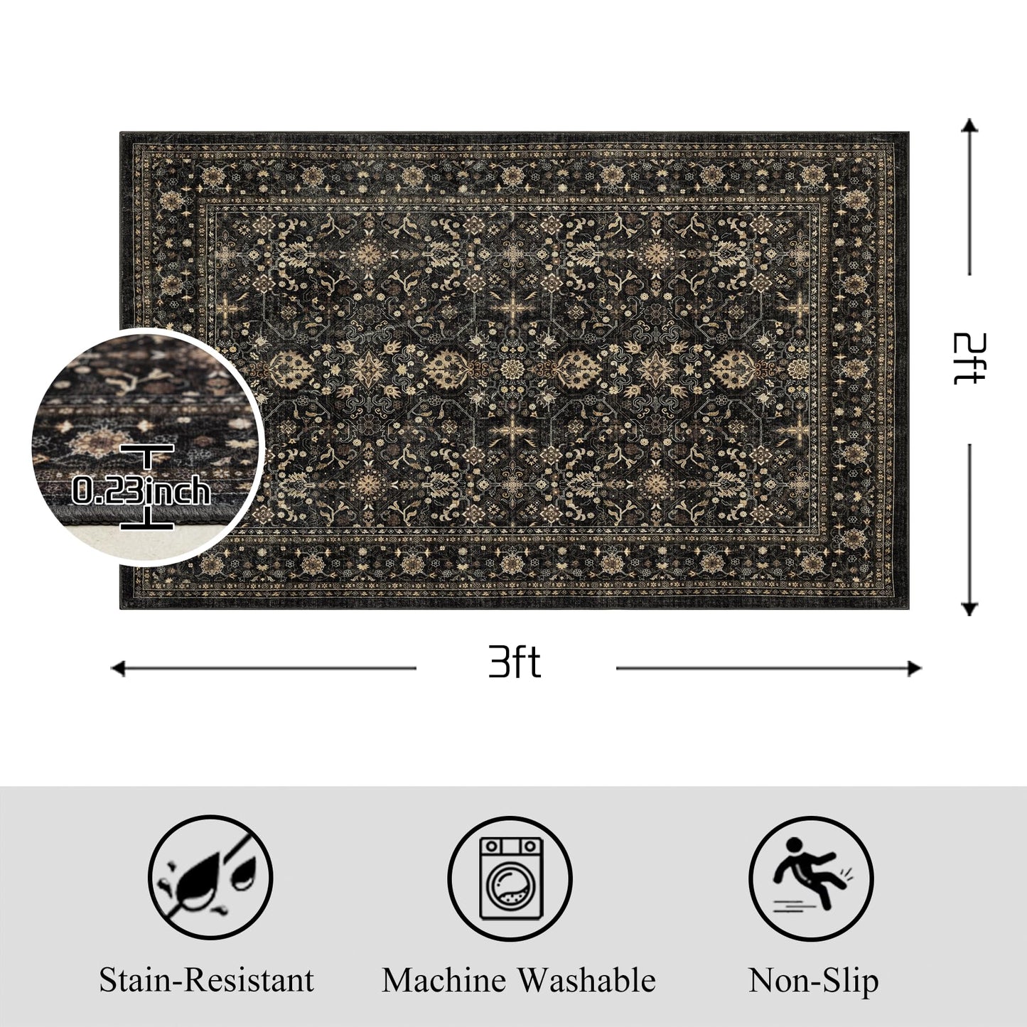 Ruaruarug Area Rug Non Slip Machine Washable Ultra Soft Living Room/Bedroom/Kitchen/Outdoor/Classroom Black Grey, 2'×3'