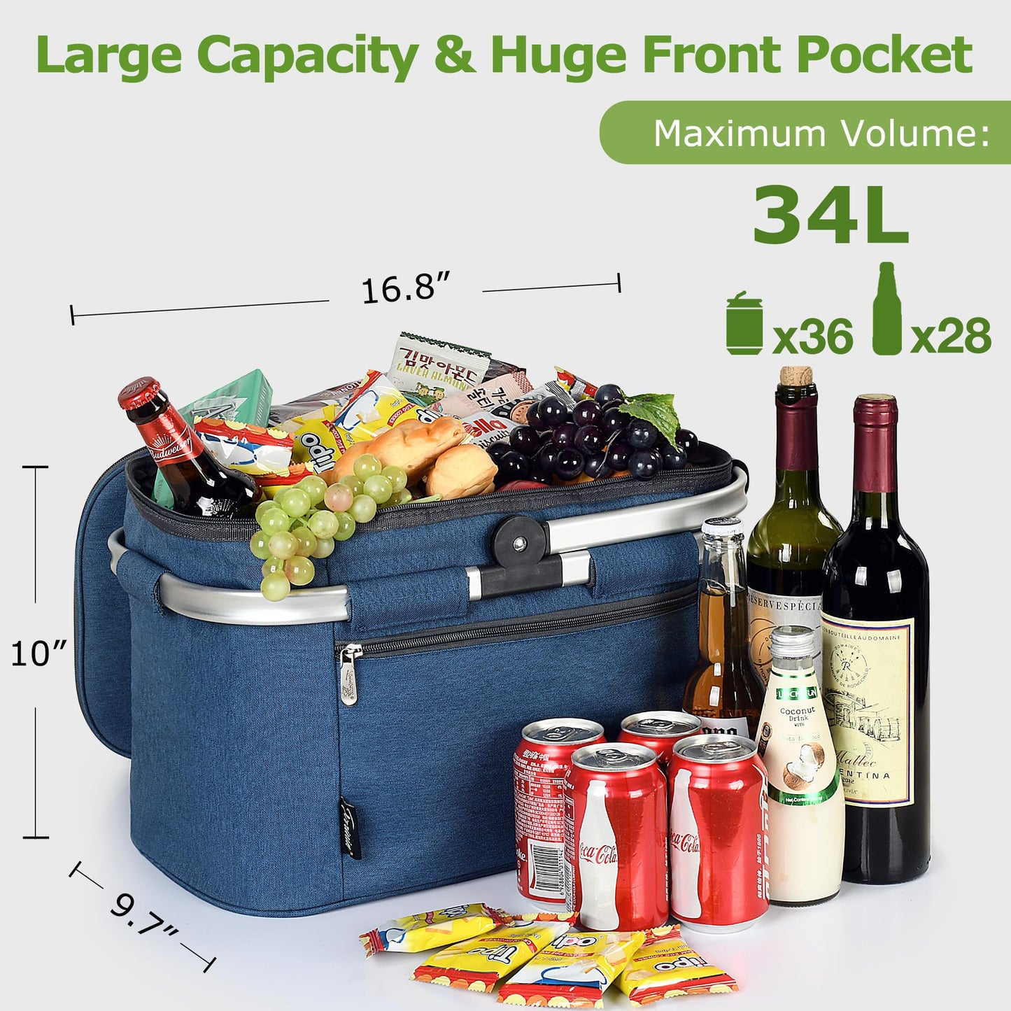 Tirrinia Large Insulated Picnic Basket, 34L Water Resistant & Leakproof Collapsible Portable Cooler Basket Set with Aluminium Handle for Travel, Shopping, Camping,Foldable Grocery Bag, Blue