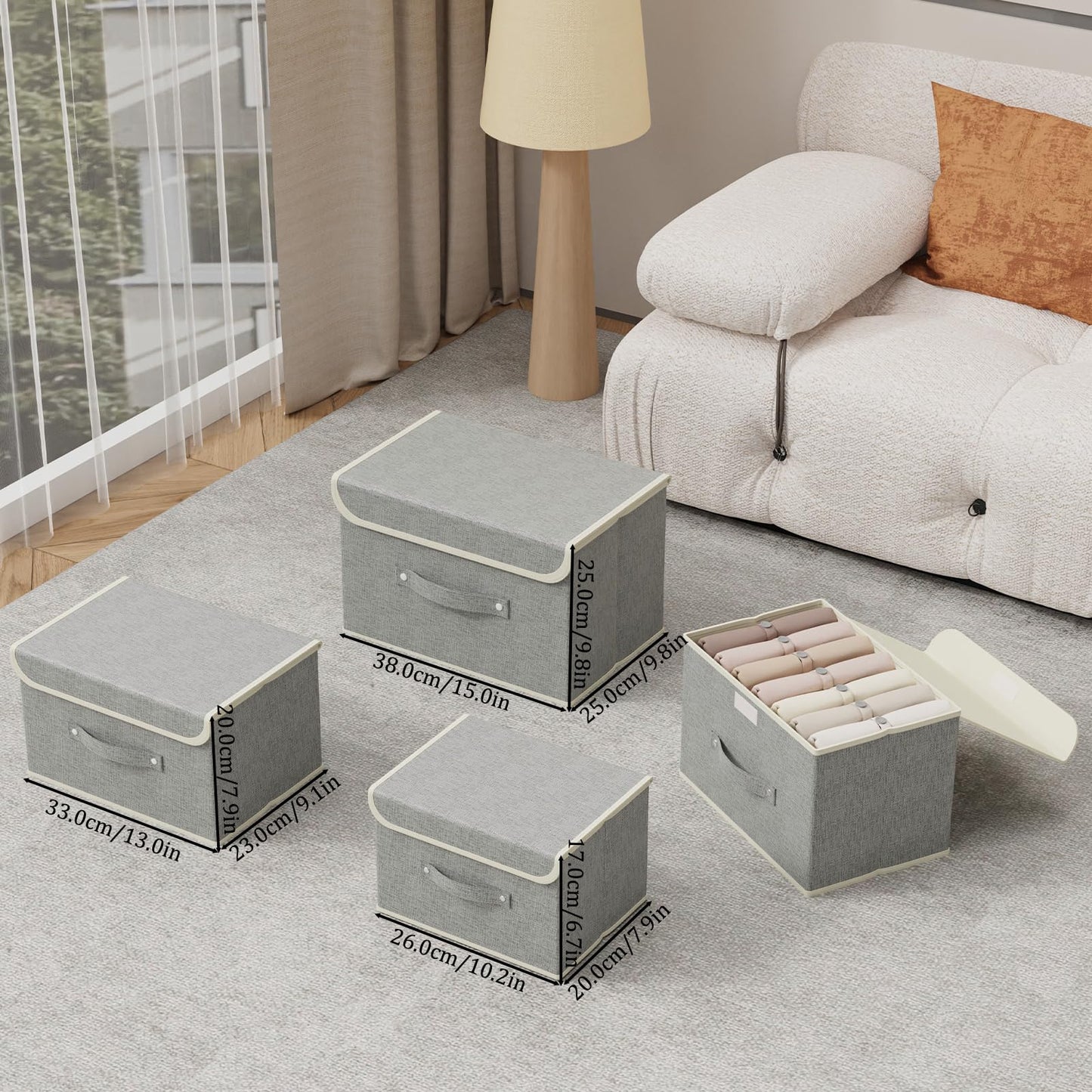 ENUMAIL Storage Boxes, Collapsible Storage Bins with Lids, Cotton and linen cloth Storage Baskets with Handle, for Books, Closet, Bedroom, Home, 10.2x7.9x6.7 in, Grey