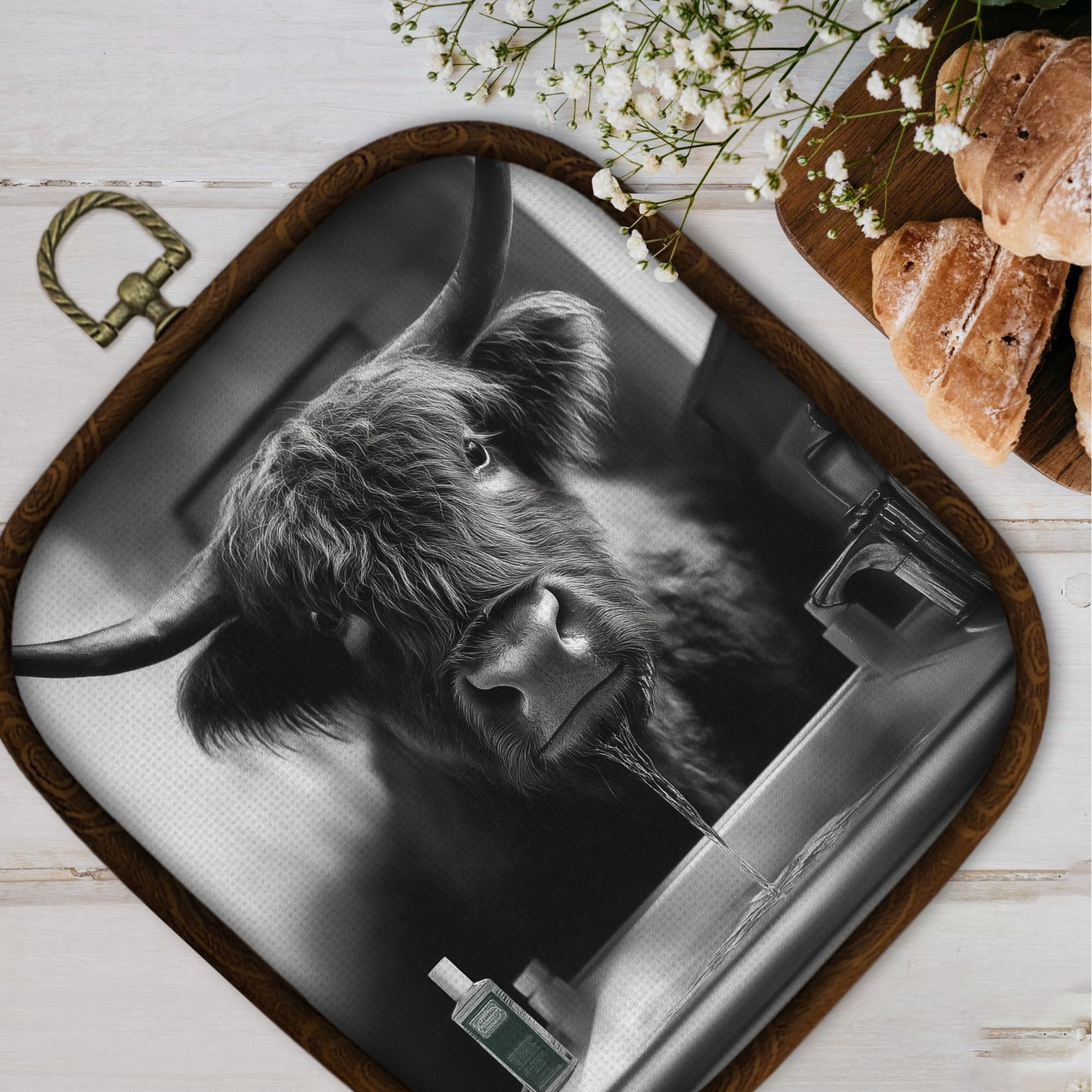 WULQYING Funny Highland Cow Bathroom Wall Art Decor, Highland Cow Framed Canvas Art Prints, Black and White Farmhouse Farm Animal Wall Hanging Decor for Home Bathroom Washroom Restroom, 5.7x6.5 Inches