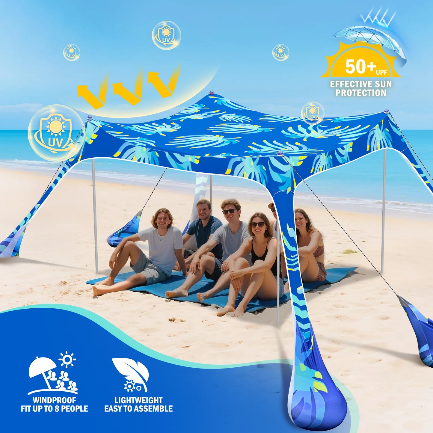 2PM SPORTS Beach Tent Sun Shelter 10x10 FT - UPF 50+ UV Protection, 8 Sandbags, Easy Setup, Portable Beach Shade Canopy for Family Picnic Camping Travel