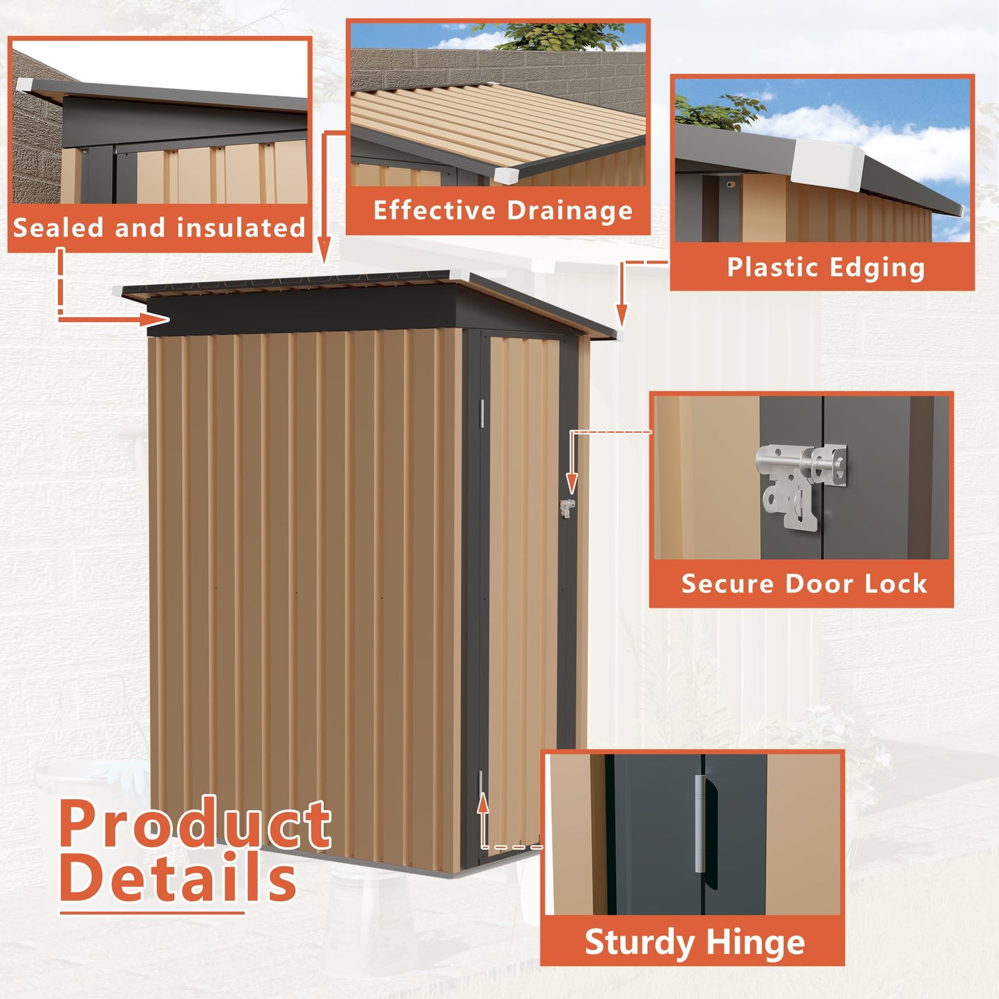 KEIKI 5x3 FT Metal Storage Shed with Pent Roof & Side Hinge Door, Small Outdoor Storage Shed for Garden Tools, Backyard Metal Shed for Patio or Tiny House Use, Brown