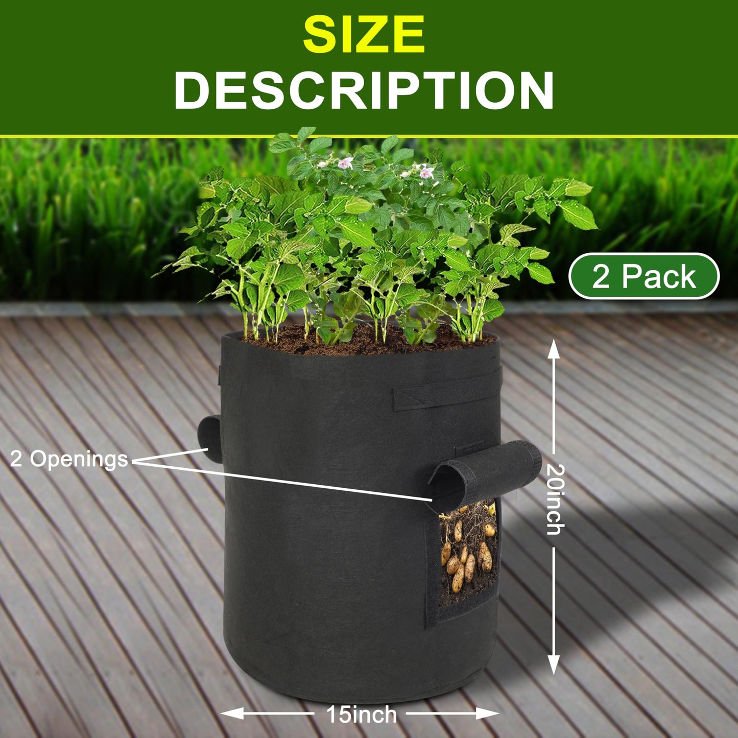 SORANGEUN Potato Grow Bags, 2-Pack 15-Gallon Grow Bags with 2 Flaps and Reinforced Handles, Heavy-Duty Thickened 500G Aeration Fabric Pots for Potatoes, Tomatoes, Flowers, and Vegetables