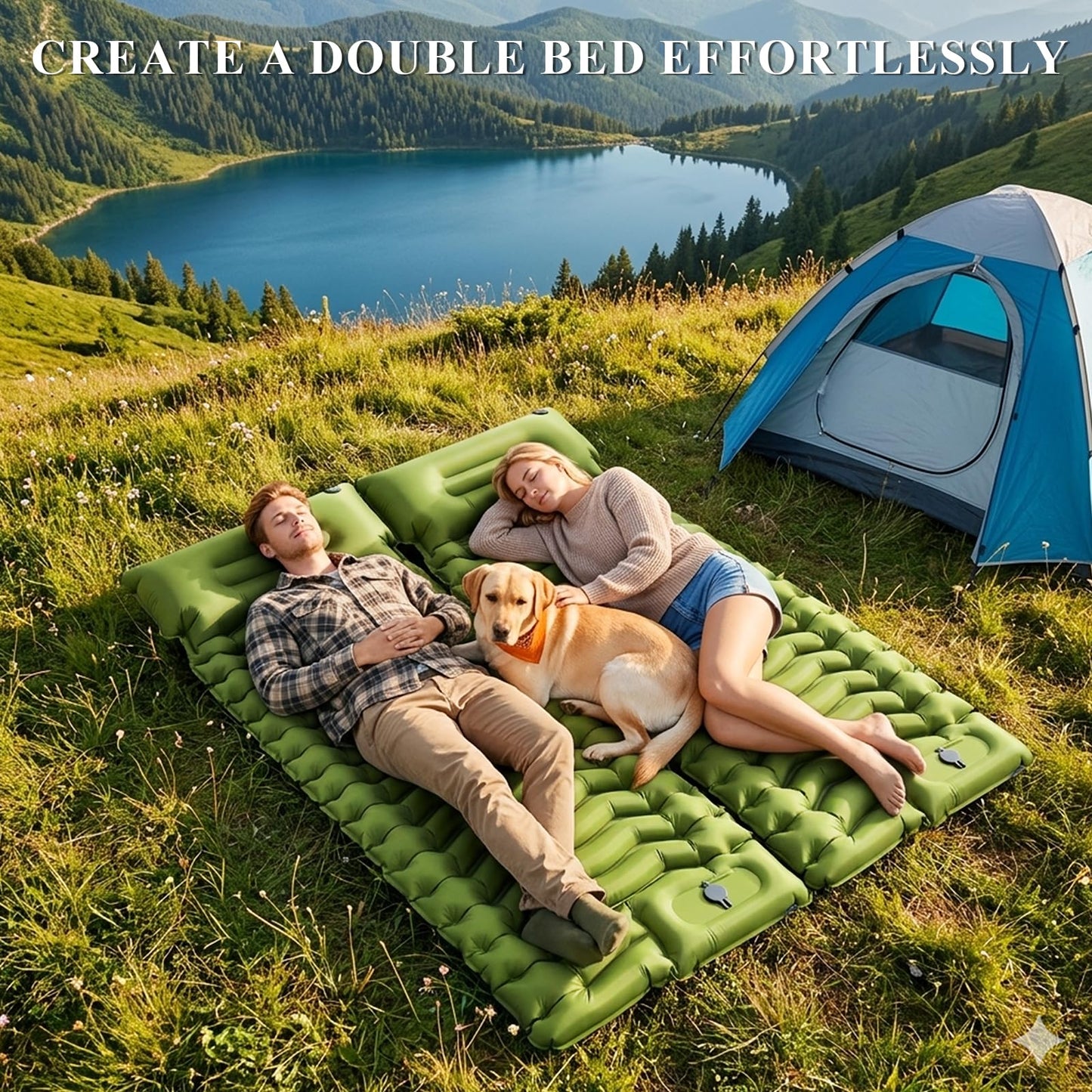 Jnconser Camping Sleeping Pad, Ultralight Inflatable Sleeping Mat with Pillow & Foot Pump, Extra Thick Compact Camping Mattress for Hiking, Backpacking & Tent Use, Dual-Colored Design(Green/Blue)