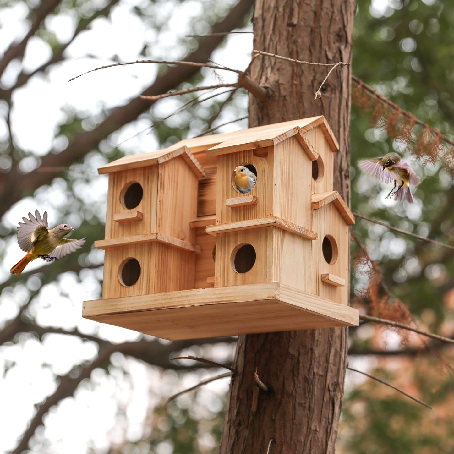 Bird Houses for Outside, 9 Room Wooden Bird House with Feeder, Large Hanging Birdhouse for Garden Backyard, Multi Hole Birdhouse for Small Birds, Outdoor Decorative Bird House for Finch Wren Chickadee