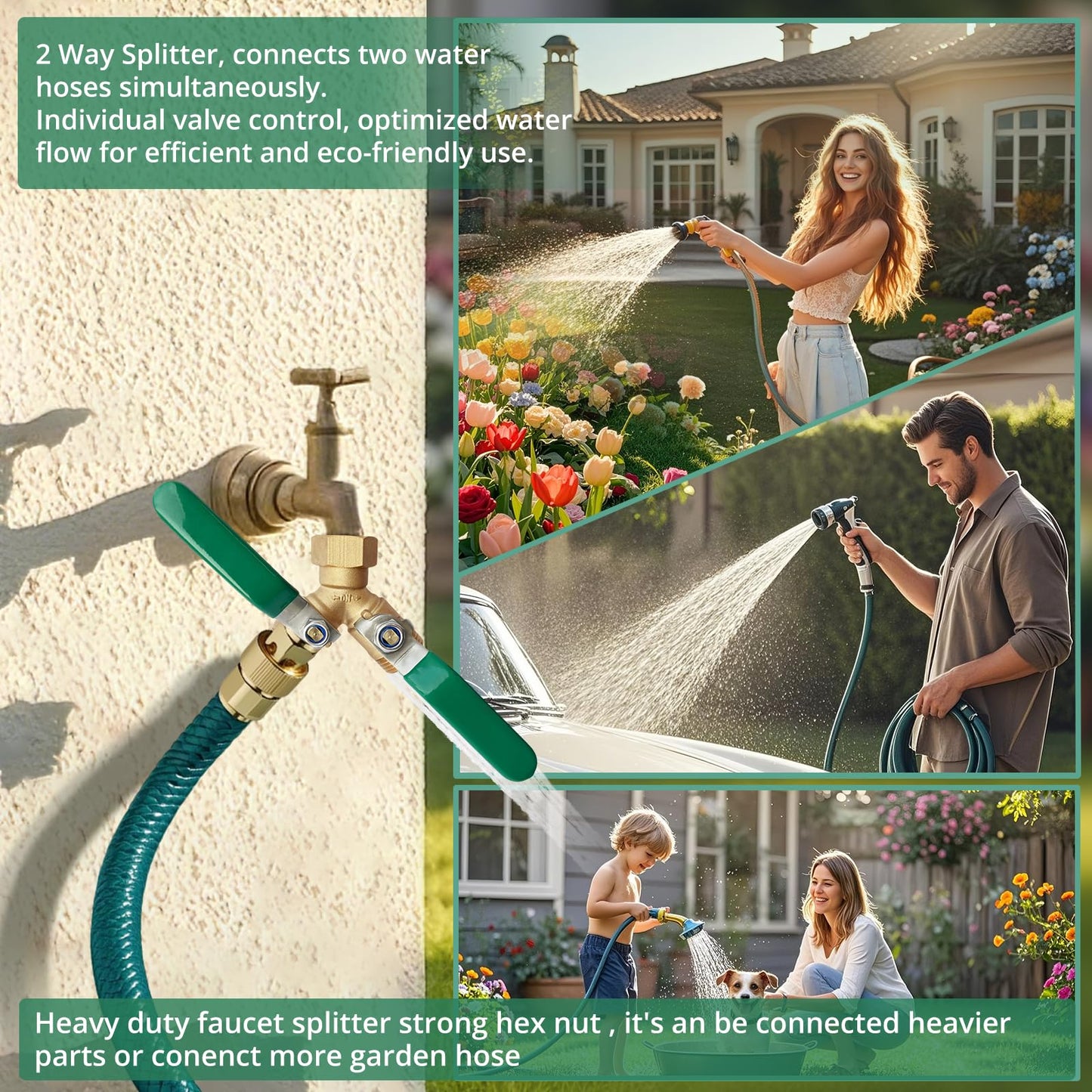 Brass Garden Hose Splitter, Water Hose Splitter 2 Way Heavy Duty with Stainless Steel Extension Handles, Hose Y Splitter 3/4” GHT Threads