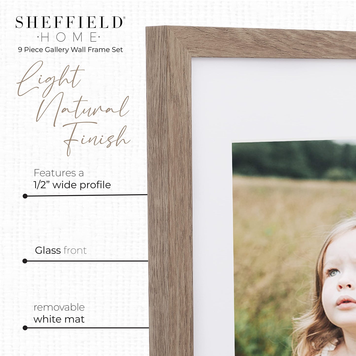 Sheffield Home 9 Piece Gallery Wall Frame Set, 11x14 Inch, Light Natural